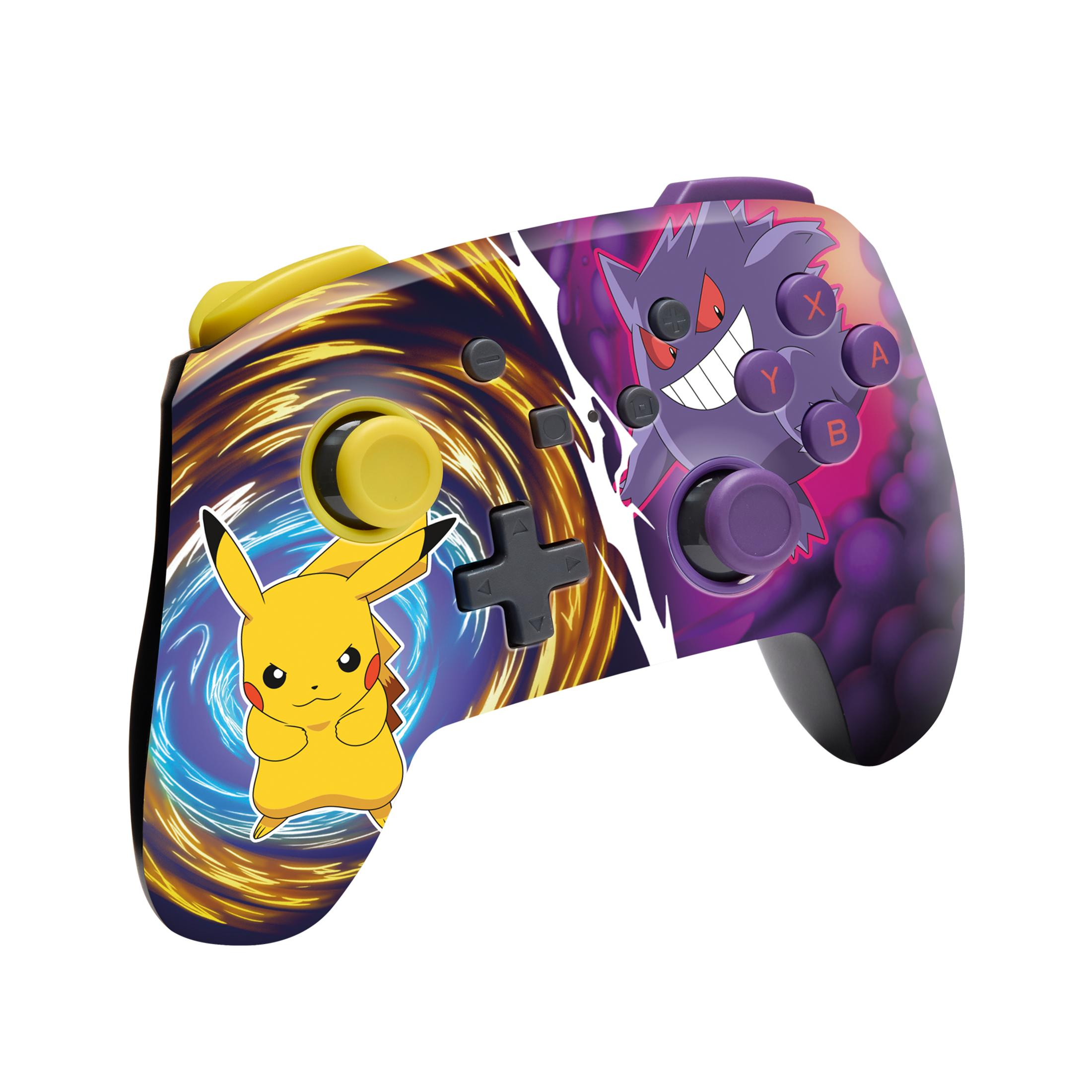 Controller con disegni di Pikachu e Gengar, pulsanti gialli e un pad direzionale nero su sfondo bianco.