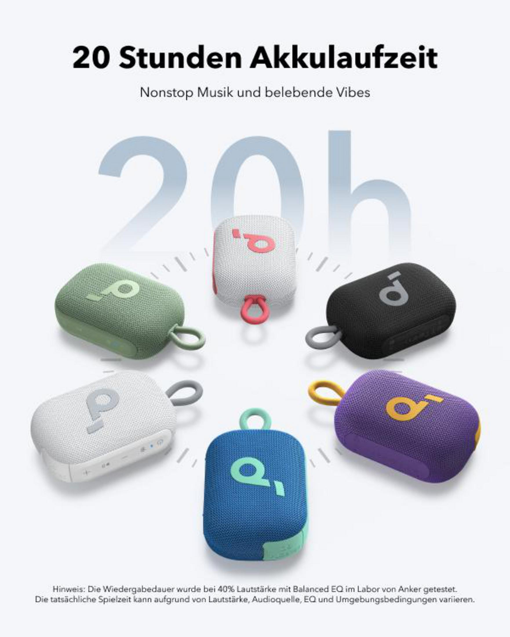 Reklama wyświetla głośniki Anker Soundcore Select 2 w kolorach zielonym, czerwonym, czarnym, szarym, niebieskim i fioletowym.