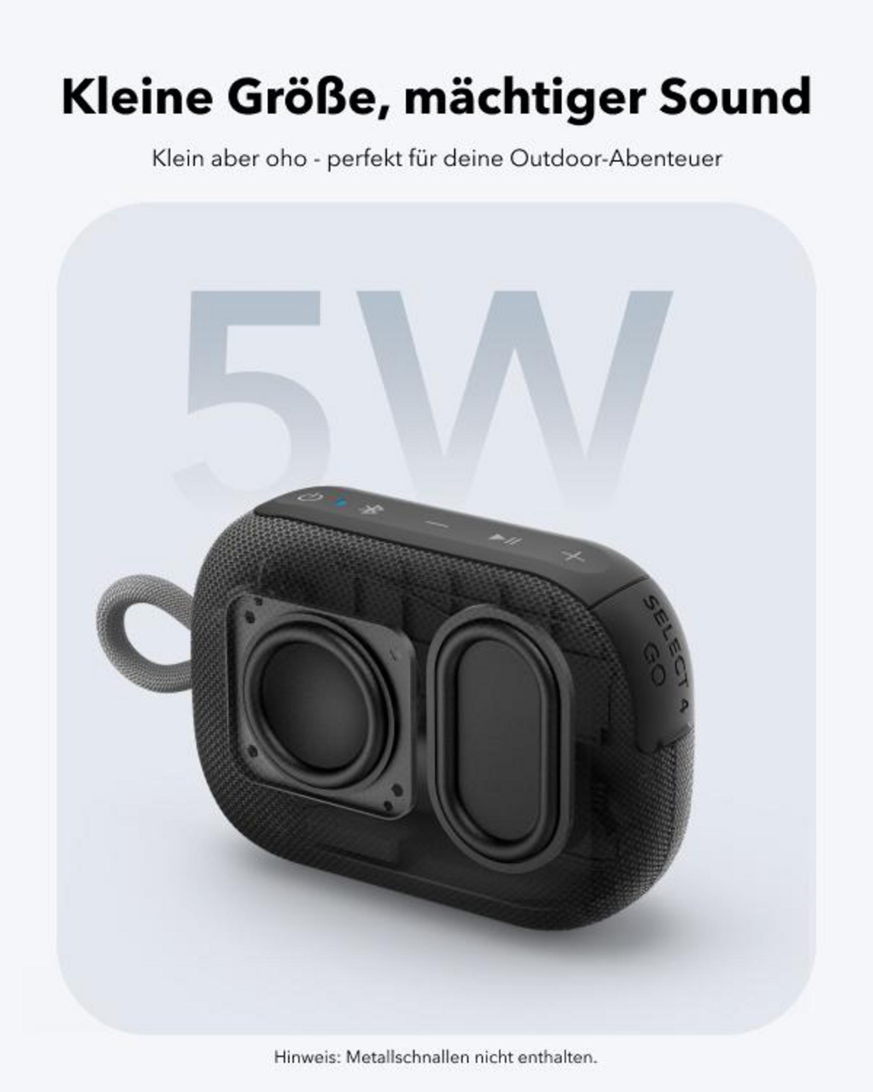 Wyświetlany jest czarny głośnik Anker Soundcore Select 2 z szarą pętlą na białym tle.