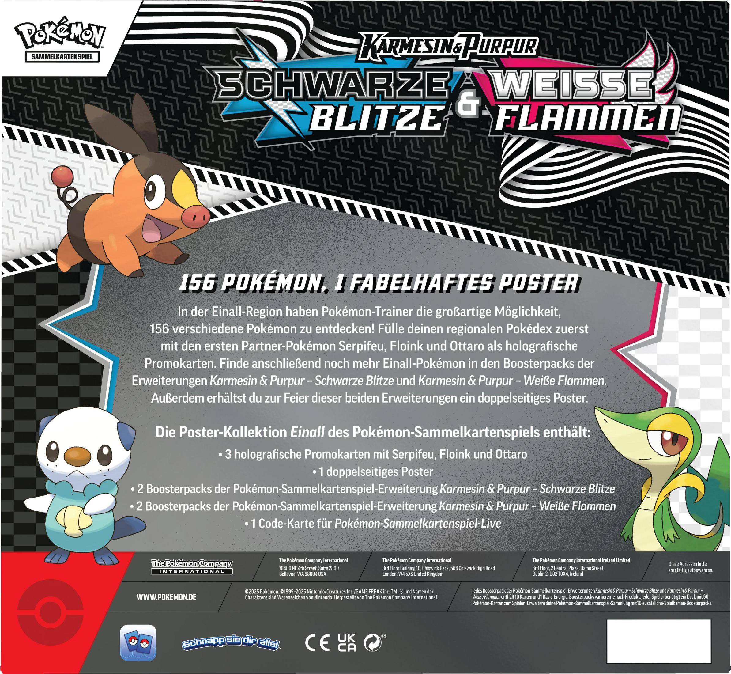 Die Rückseite einer Pokémon TCG-Box zeigt Serpiroyal, Floink und Ottaro mit einem Schwarz-Weiß-Design.