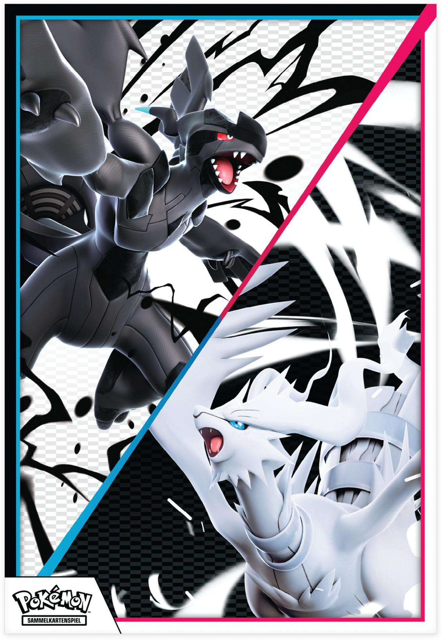 Ein Pokémon TCG-Poster zeigt schwarze und weiße Drachen auf einem rosa und blauen Hintergrund.