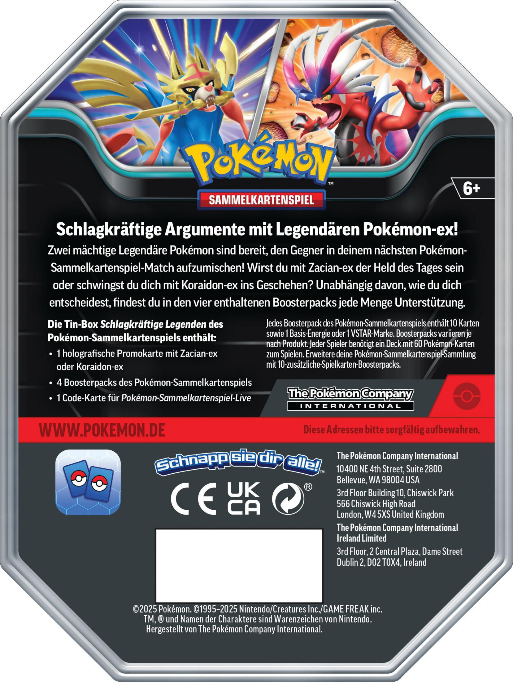 Das Bild zeigt eine Pokémon-Sammelkartenspiel-Dose mit Zacian und Koraidon sowie dem Pokémon-Logo.