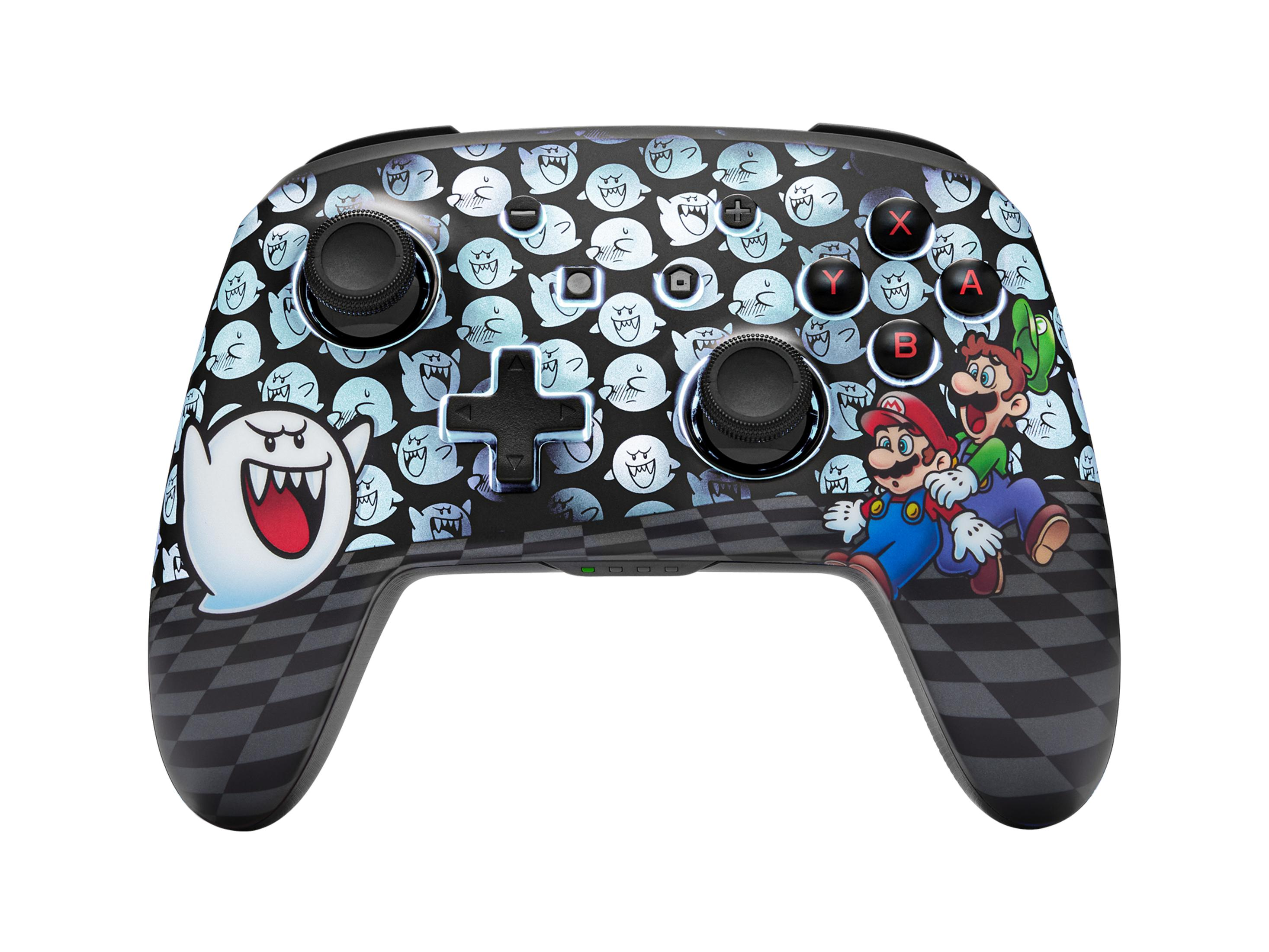 Nintendo Switch-Controller mit Mario und Luigi, Boo und einem Schachmuster.
