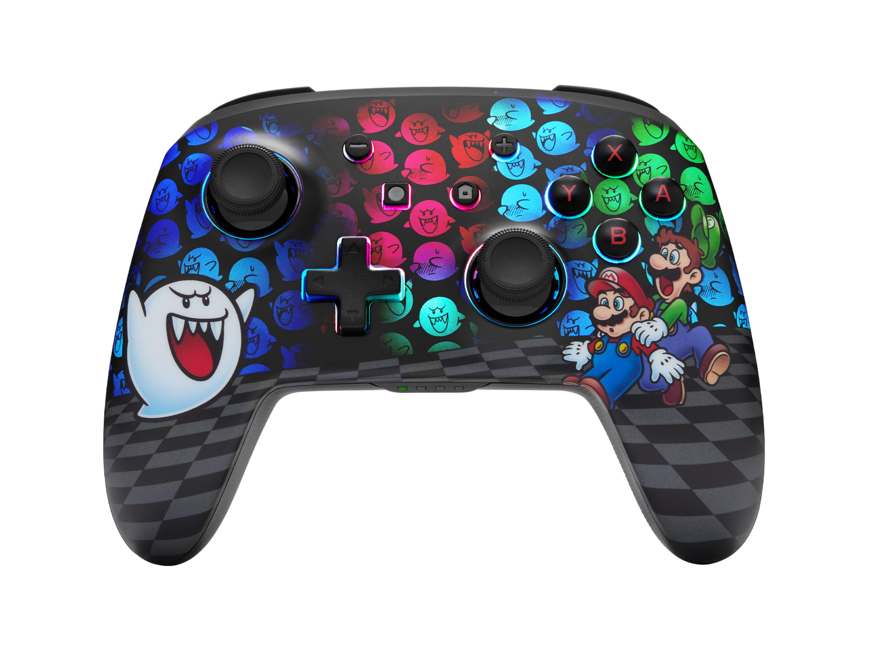 Nintendo Switch-Controller mit Mario und Luigi, Boo und einem Schachmuster.