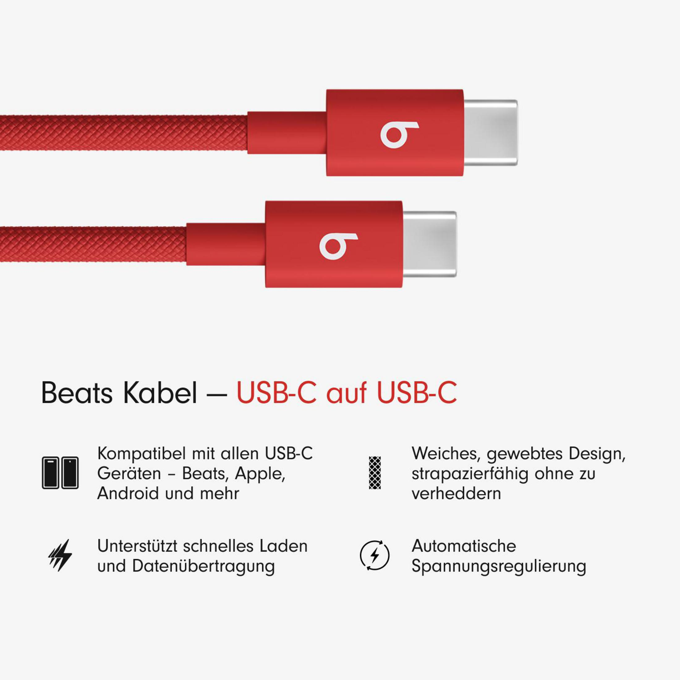 Zwei rote Beats USB-C-Kabel. Text darunter: USB-C auf USB-C. Produktinformationen.