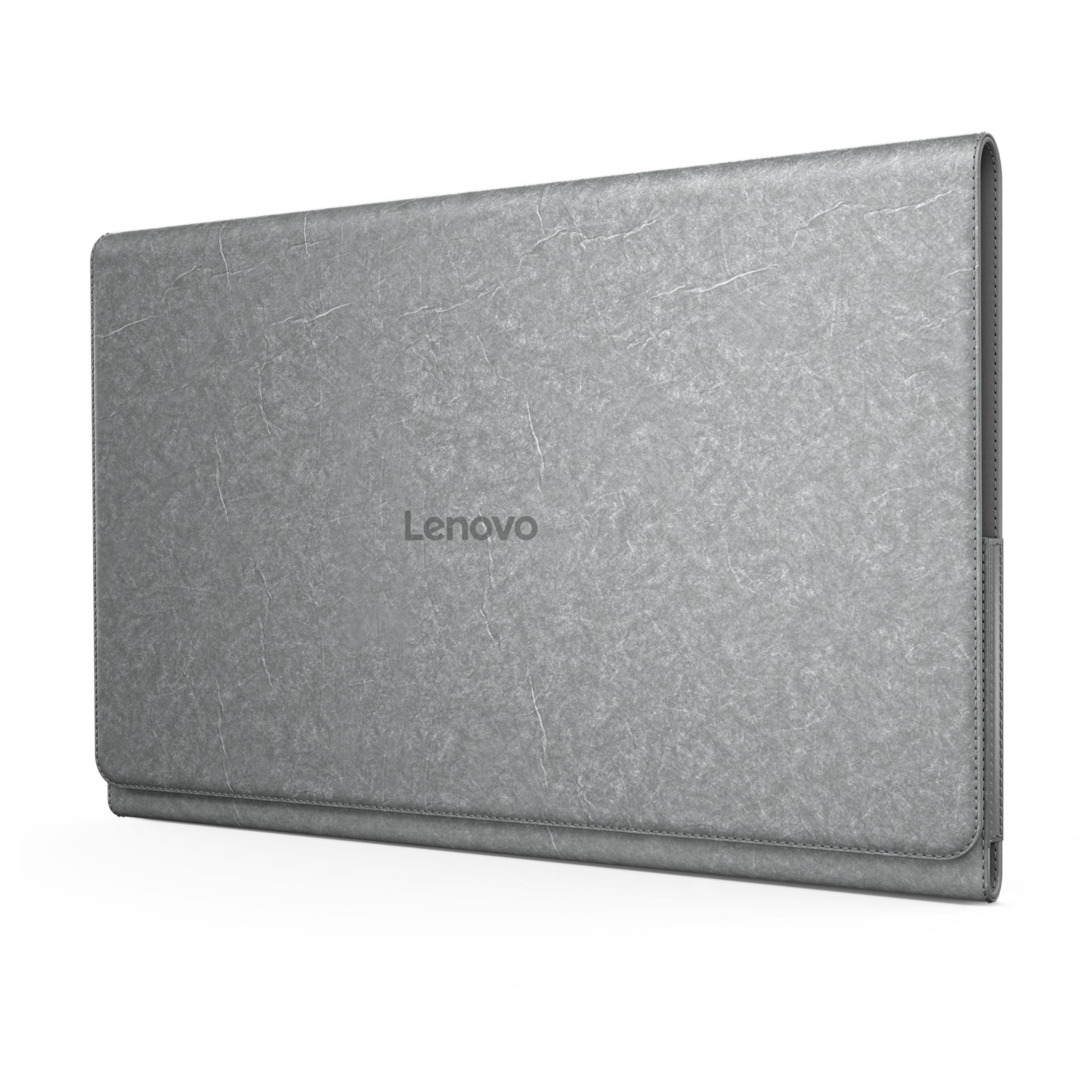 Custodia grigia per tablet Lenovo, vista angolata. Il logo Lenovo è visibile.