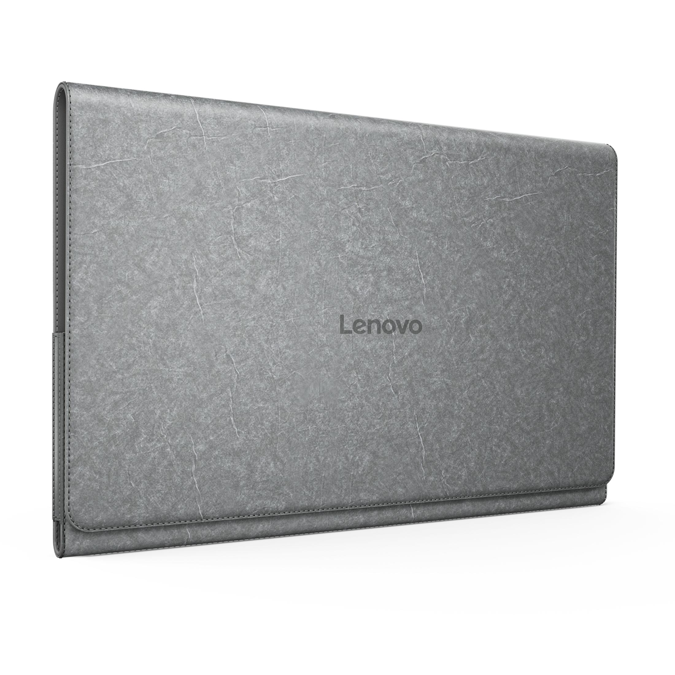 Custodia grigia per tablet Lenovo. La custodia è angolata, mostra il logo Lenovo.