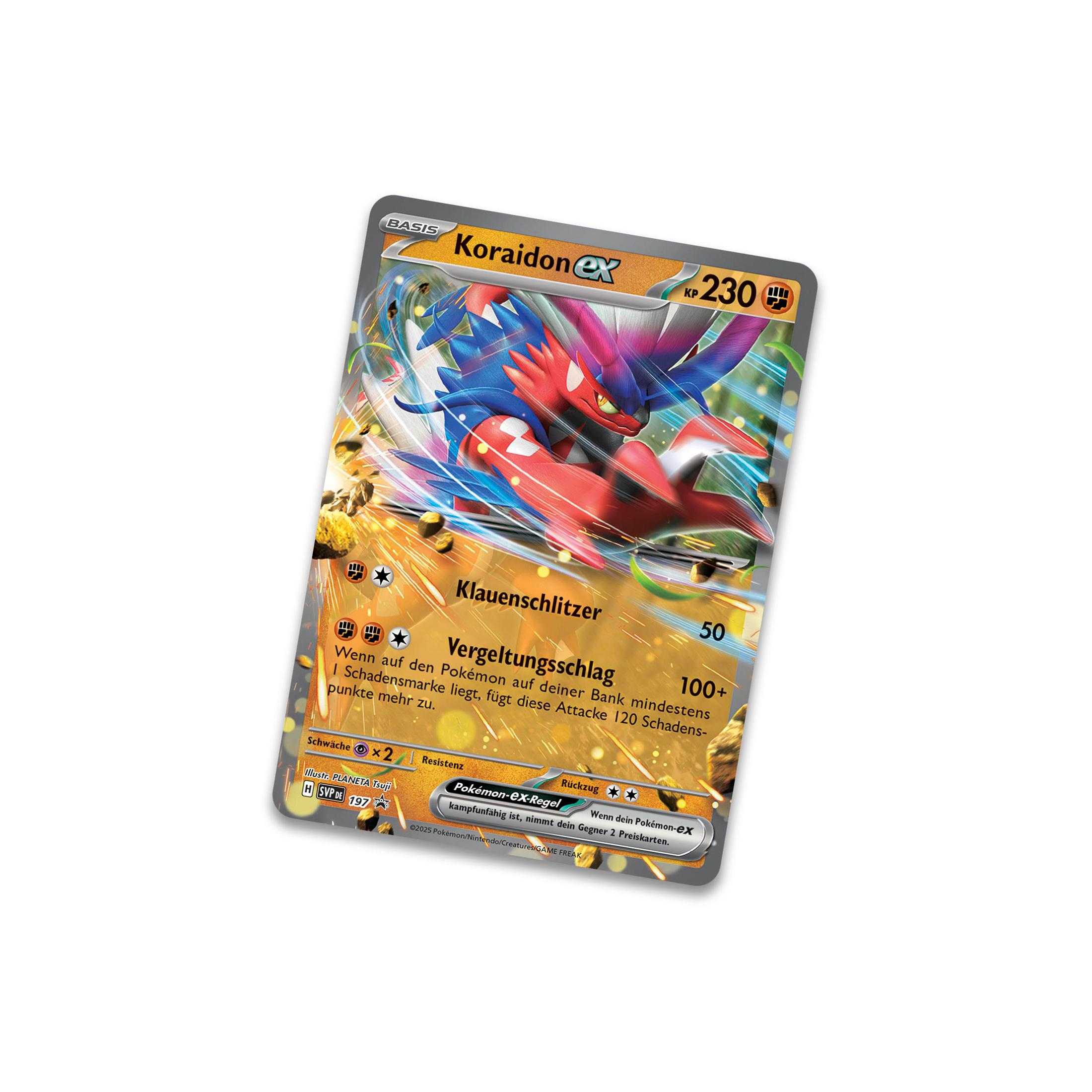 Pokémon-Karte mit Koraidon ex mit einem Klauenangriff vor einem schimmernden Hintergrund.
