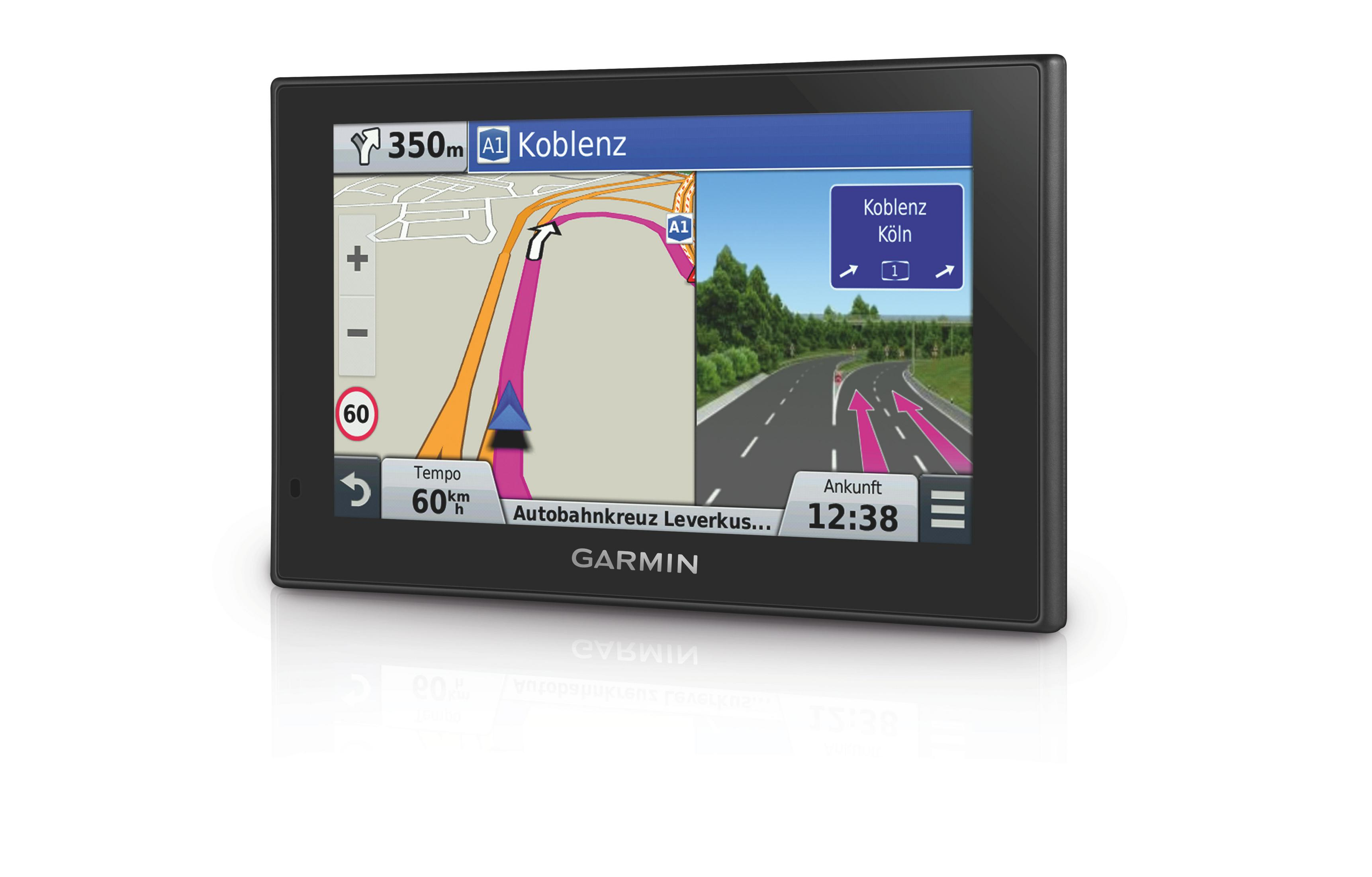 GPS-Gerät mit Karte zur Strecke nach Koblenz. Tempolimit 60 km/h. Autobahnkreuz Leverkusen wird angezeigt.