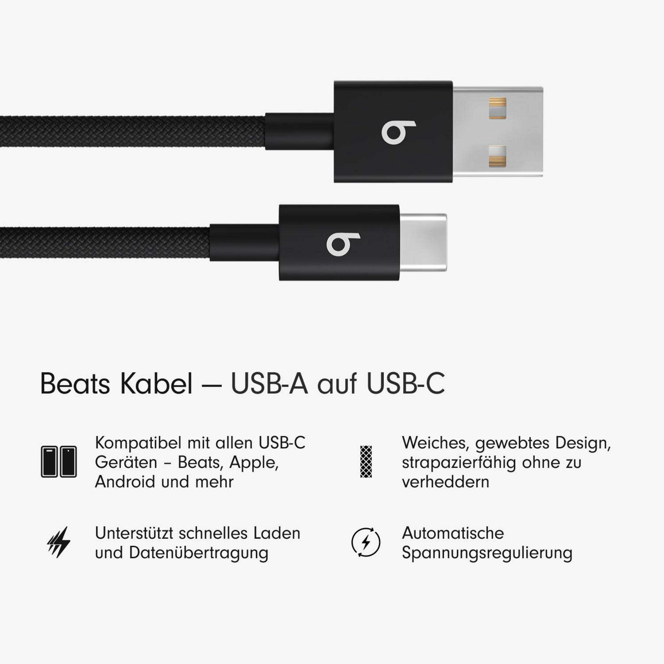 Schwarzes Beats USB-Kabel, USB-A zu USB-C. Textdetails: kompatibel mit Geräten, schnelles Laden usw.