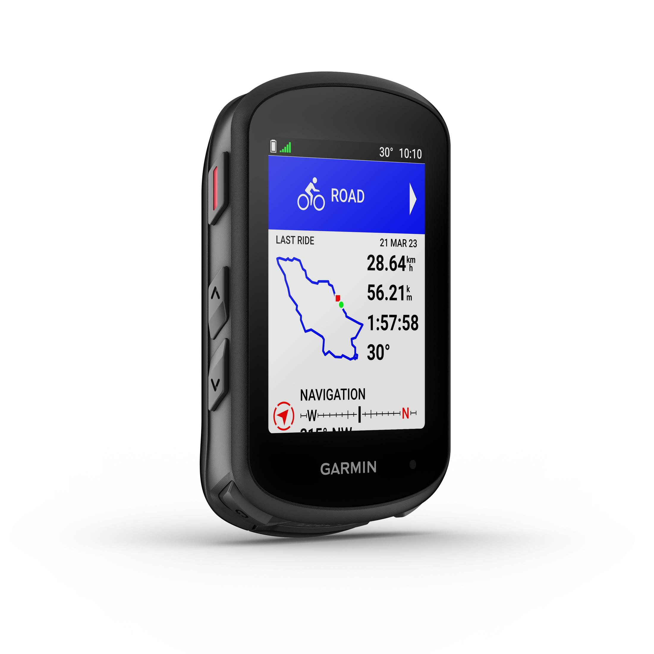 Schwarzer Garmin-Fahrradcomputer mit Fahrdaten, Zeit und Navigationskarte. Rote Tasten an der Seite.