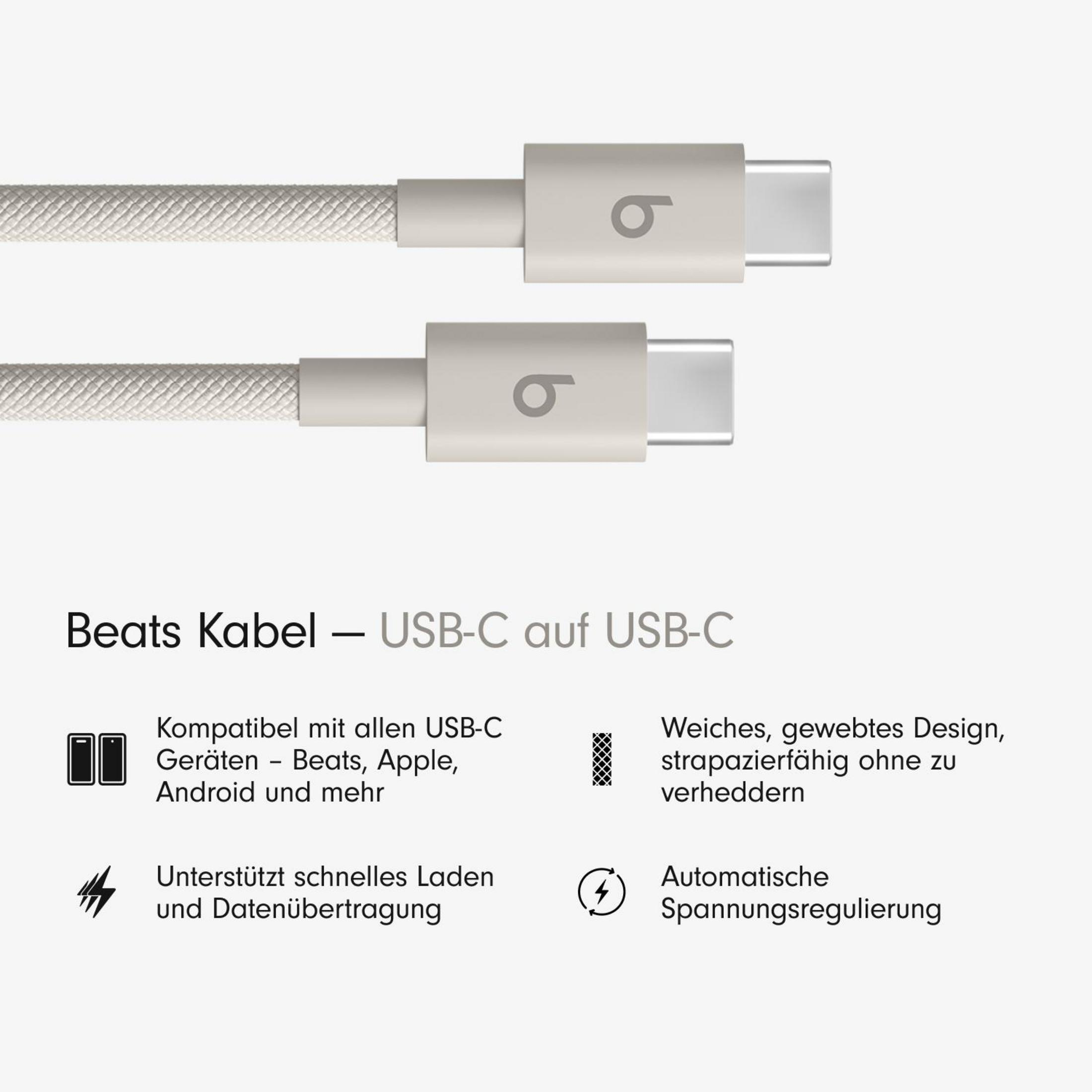 Beats USB-C-Kabel mit Markennamen und Spezifikationen. Text sagt schnelles Laden und Datenübertragung.