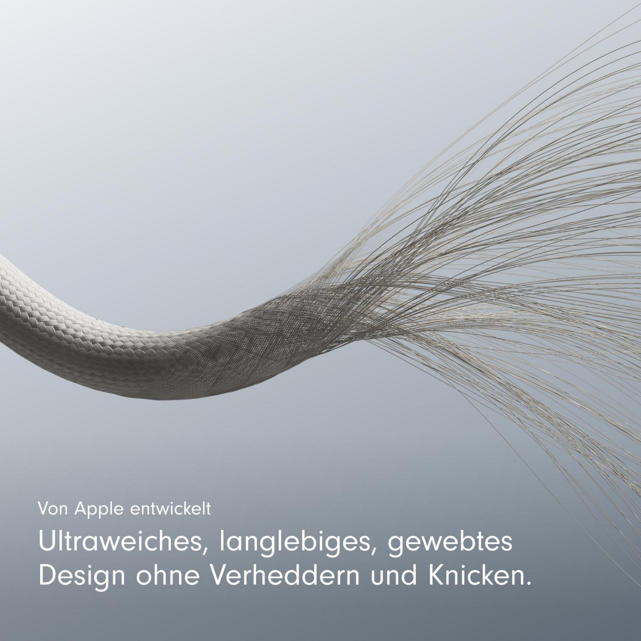 Nahaufnahme von beigen Kabelfasern. Das Kabel ist flexibel und hat eine feine Webstruktur.