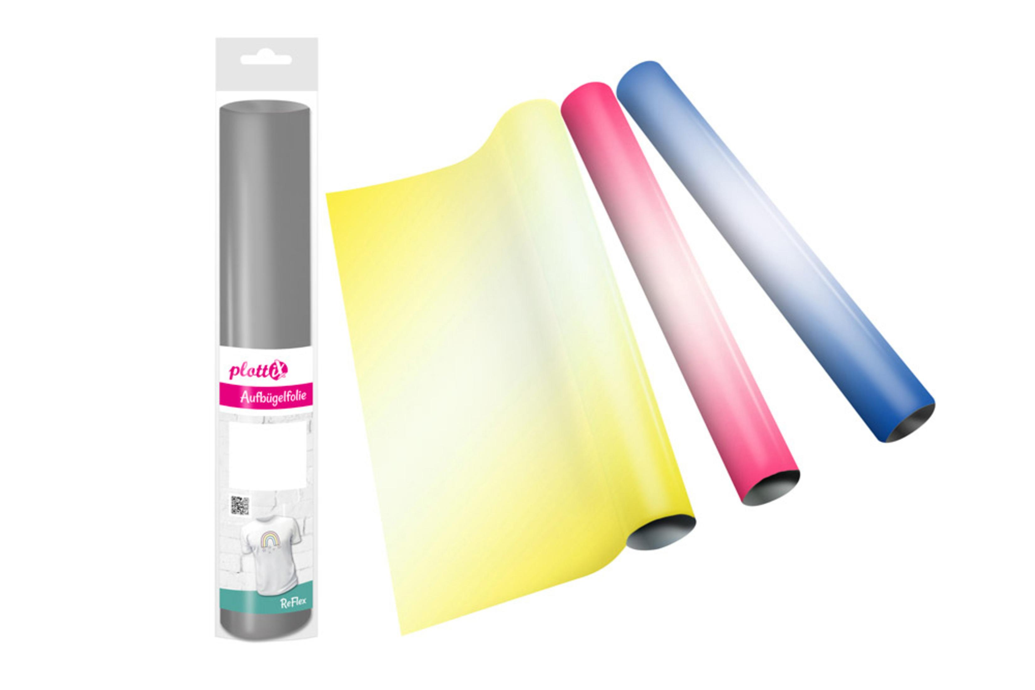 Rollen mit farbigem Vinylmaterial zum Basteln, darunter Grau-, Gelb-, Rosa- und Blautöne.