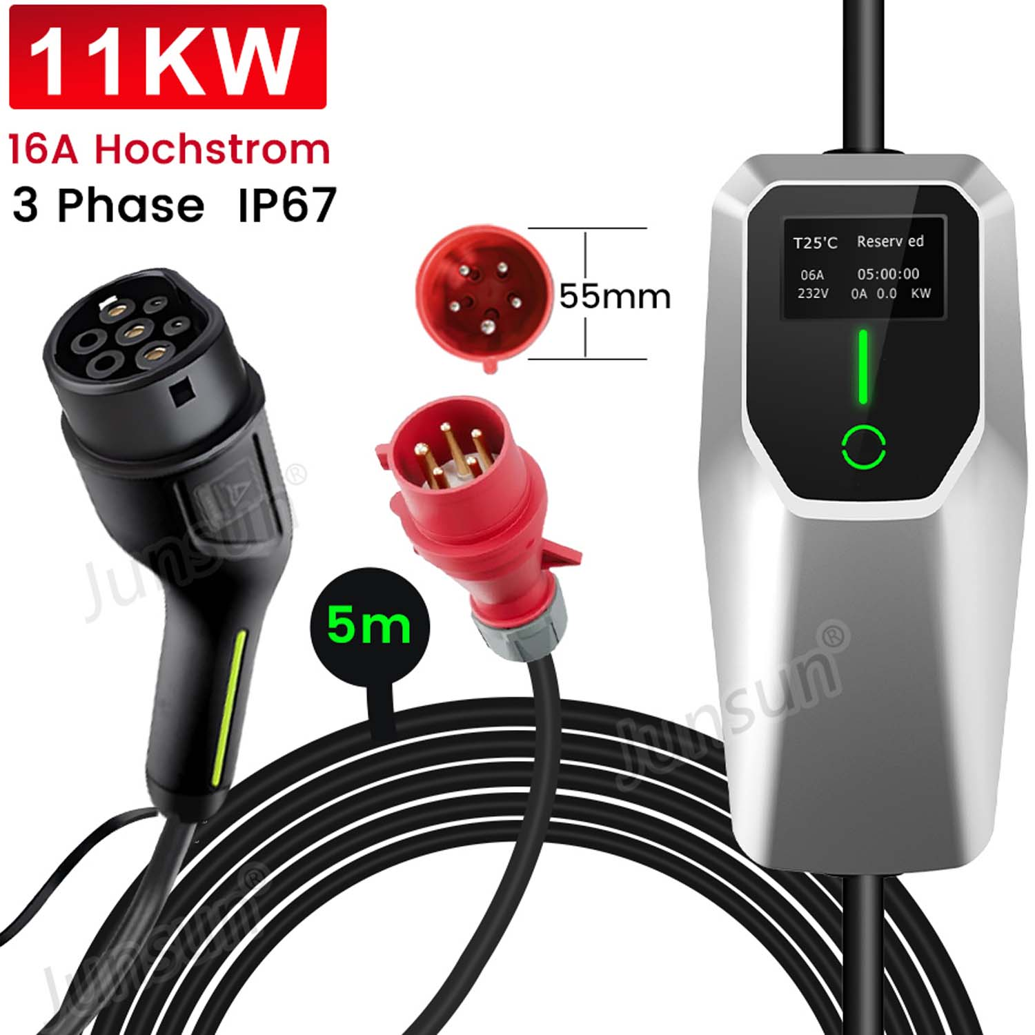 Ładowarka do pojazdów elektrycznych o mocy 11 kW z kablami i wtyczkami na niebieskim tle.