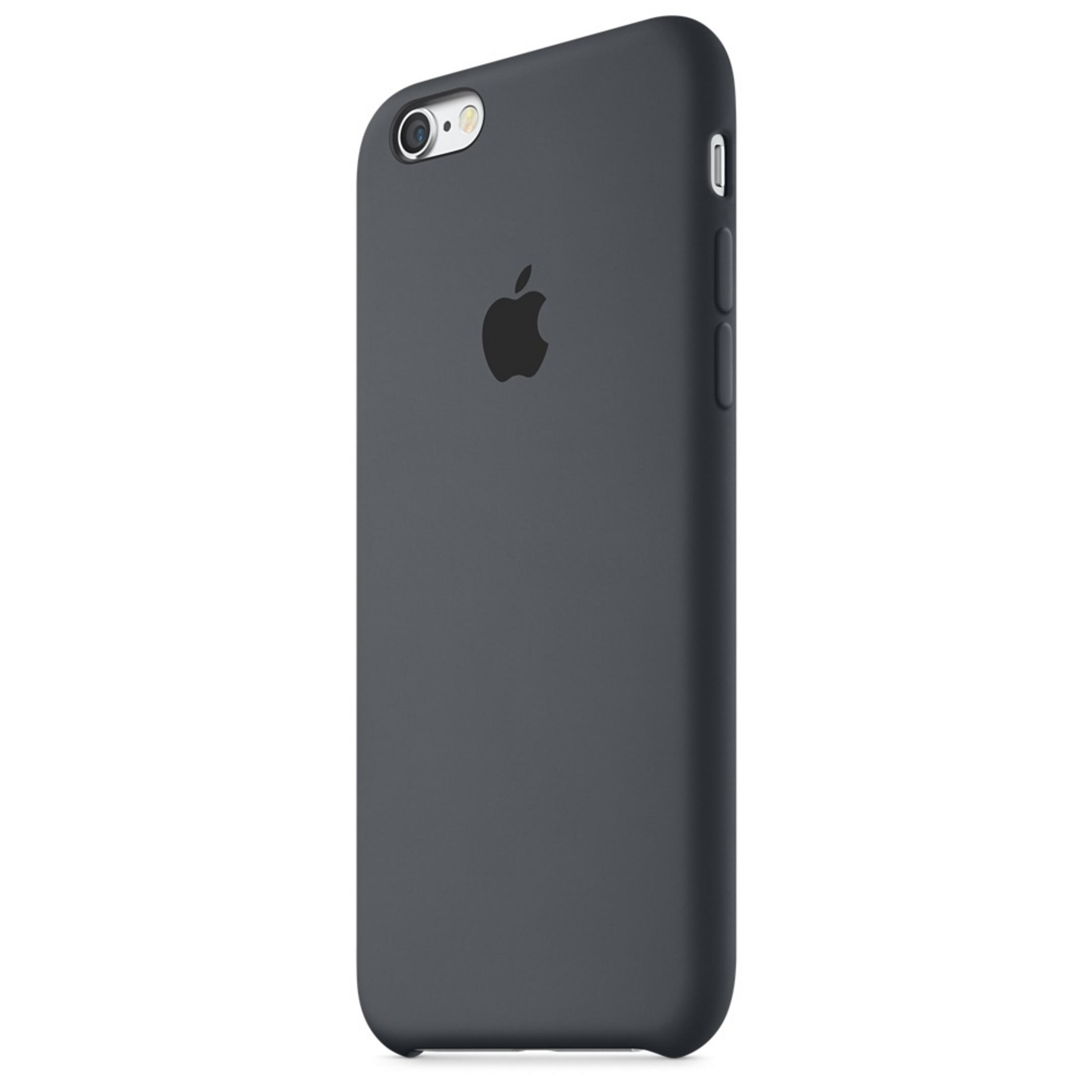 Donkergrijze iPhone-hoes met Apple-logo.