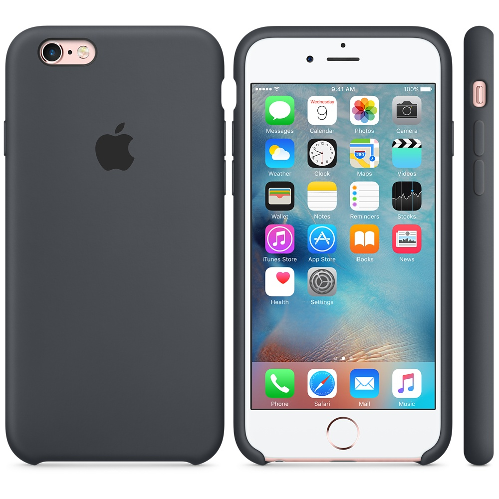 Een grijze telefoonhoes op een iPhone, met apps op het scherm en de zijkant van de hoes.