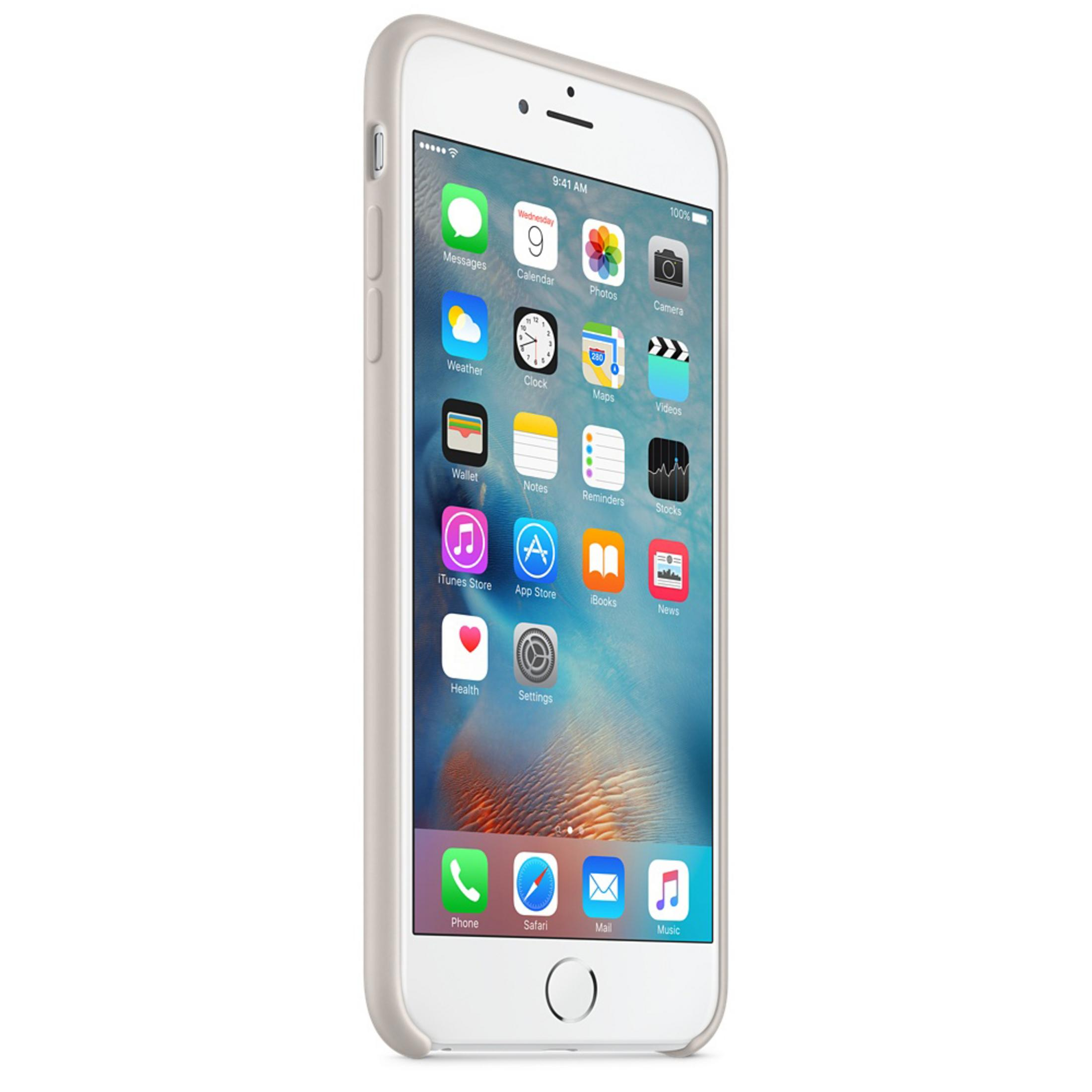 Un iPhone in una custodia color crema, angolato per mostrare lo schermo pieno di app e i bordi della custodia.