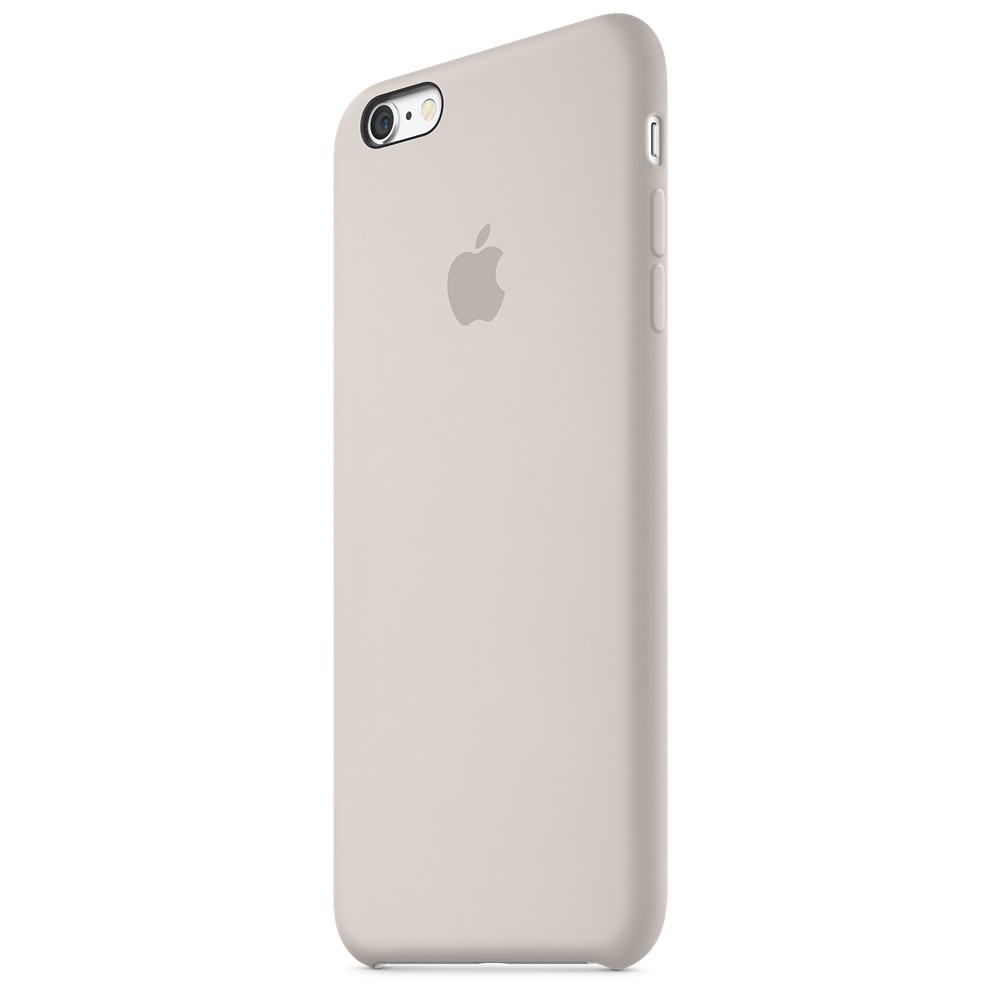 Una custodia color crema per iPhone con il logo Apple sul retro, vista da una leggera angolazione.