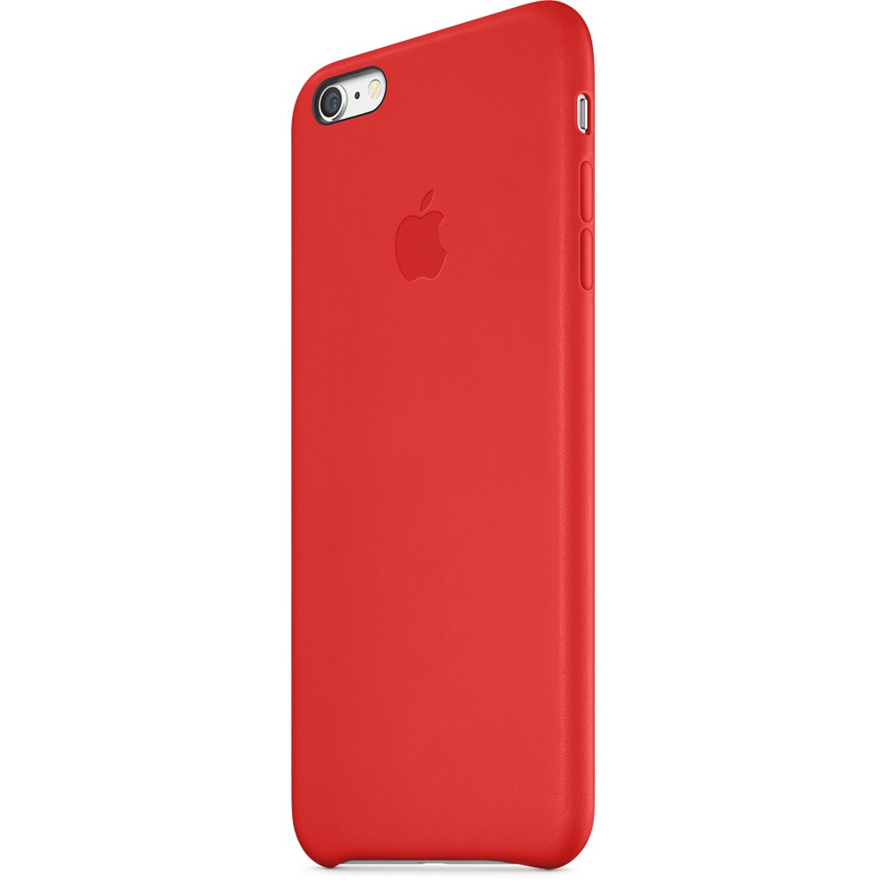 Custodia rossa per iPhone con logo Apple. Vista laterale. Sfondo bianco.