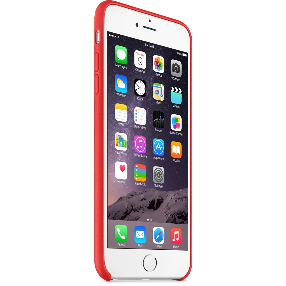 iPhone bianco in una custodia rossa, che mostra lo schermo con icone delle app. Sfondo bianco.