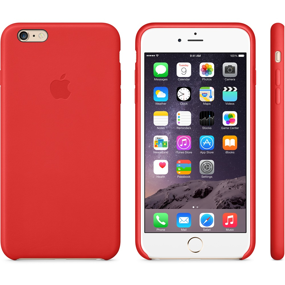 iPhone bianco in una custodia rossa, che mostra le app sullo schermo, viste posteriori e laterali. Sfondo bianco.