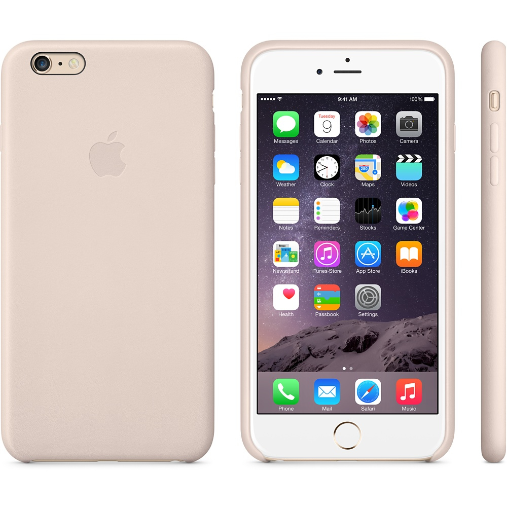 iPhone 6 beige con custodia beige, che mostra la schermata iniziale e la vista laterale.