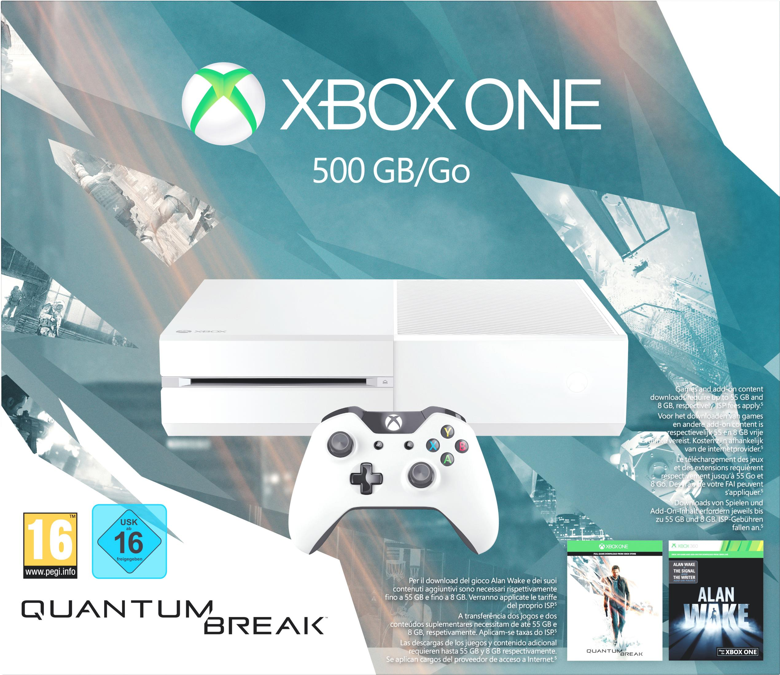Eine Xbox One-Box mit Gamecontroller und Spielhülle. Die Box ist weiß und blau.
