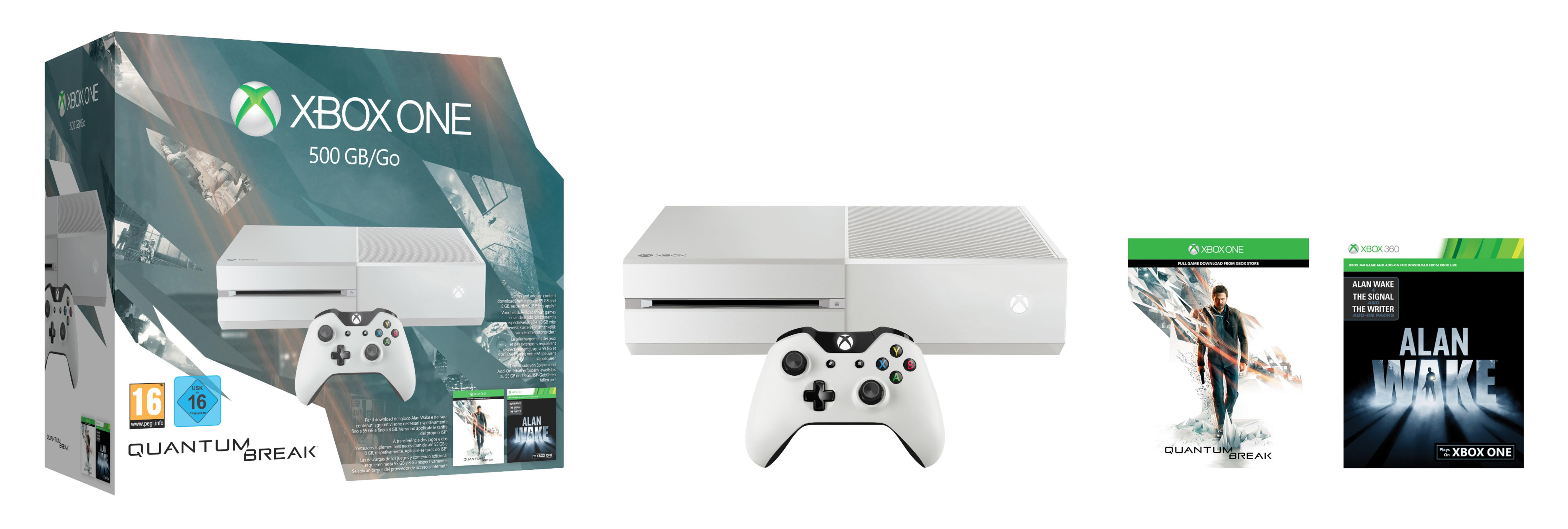 Xbox One Konsole, Controller und Spielbox. Überwiegend weiß mit grünen Akzenten.
