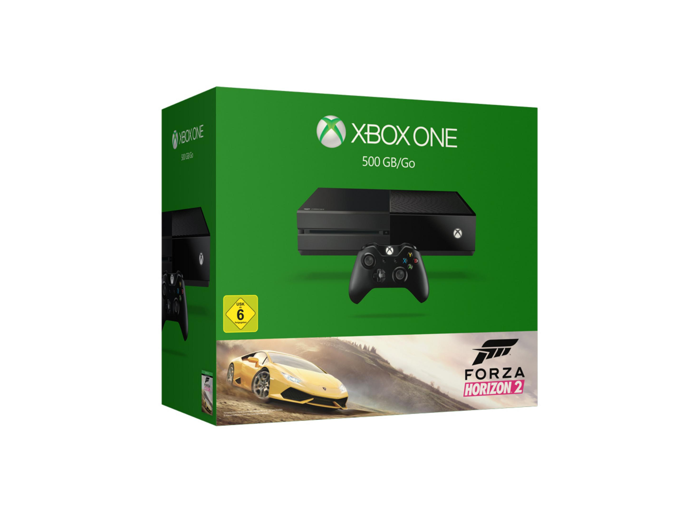 Xbox One 500 GB-Konsolenbox mit Forza Horizon 2-Spielcover mit einem gelben Auto.