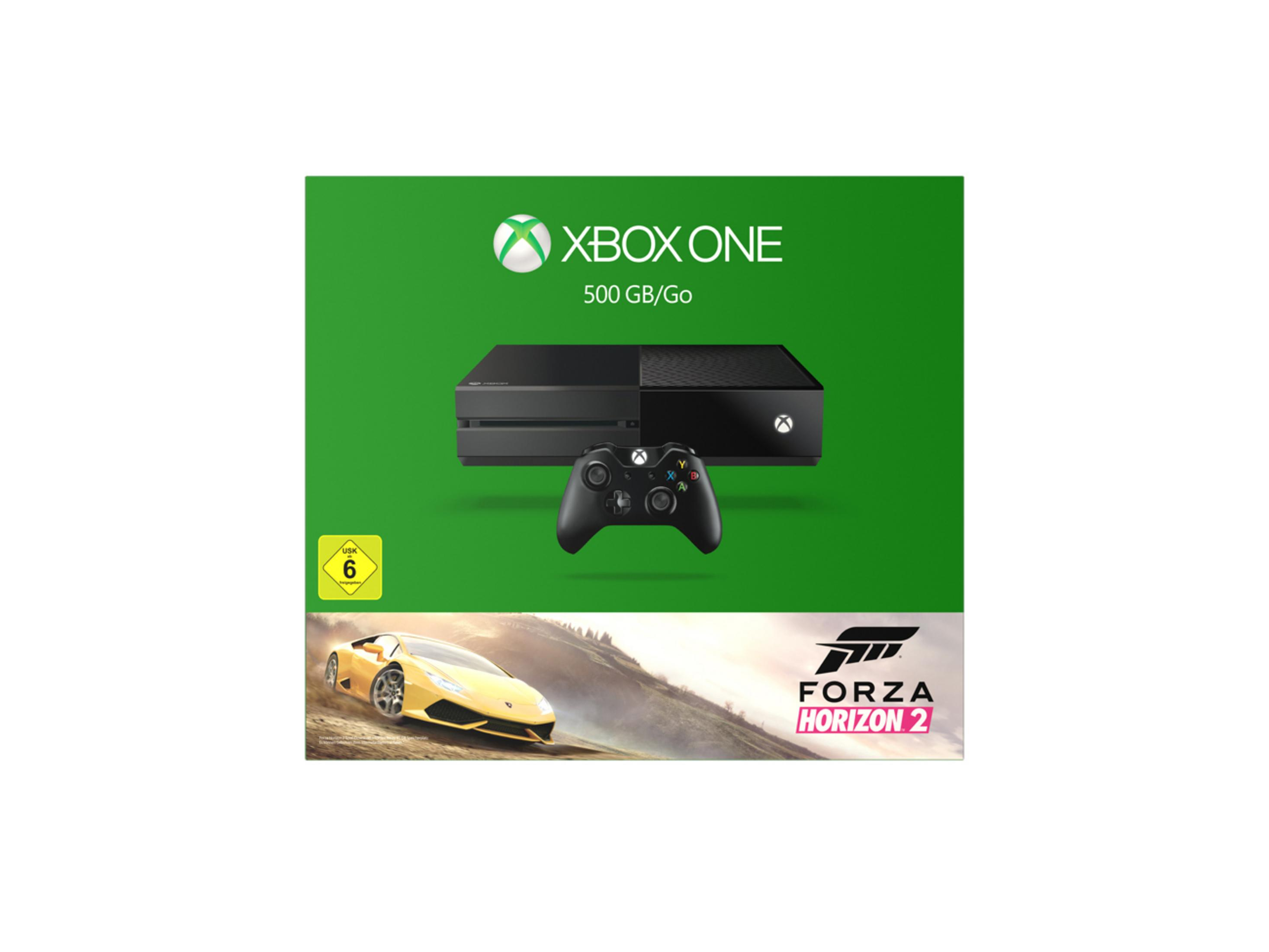 Xbox One 500 GB-Konsolenbox mit Forza Horizon 2-Spielcover mit einem gelben Auto.