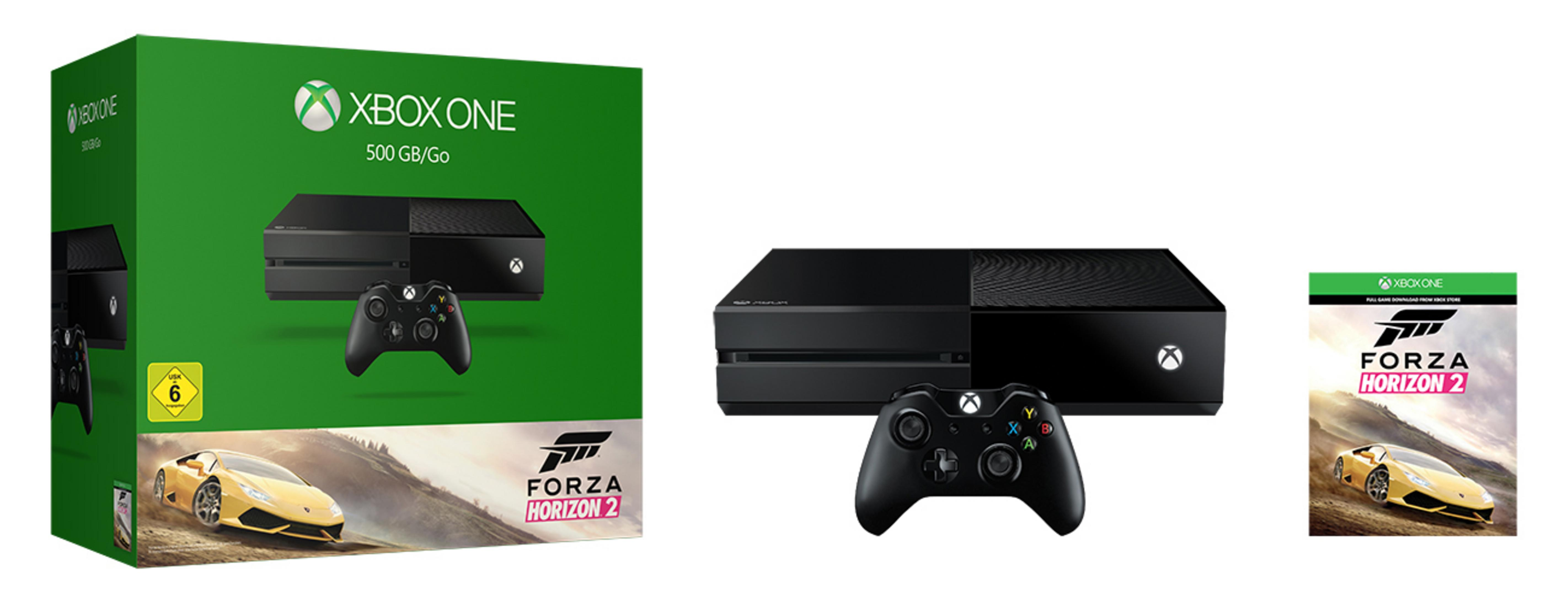 Xbox One 500 GB-Konsolenbox mit Forza Horizon 2-Spielcover mit einem gelben Auto.