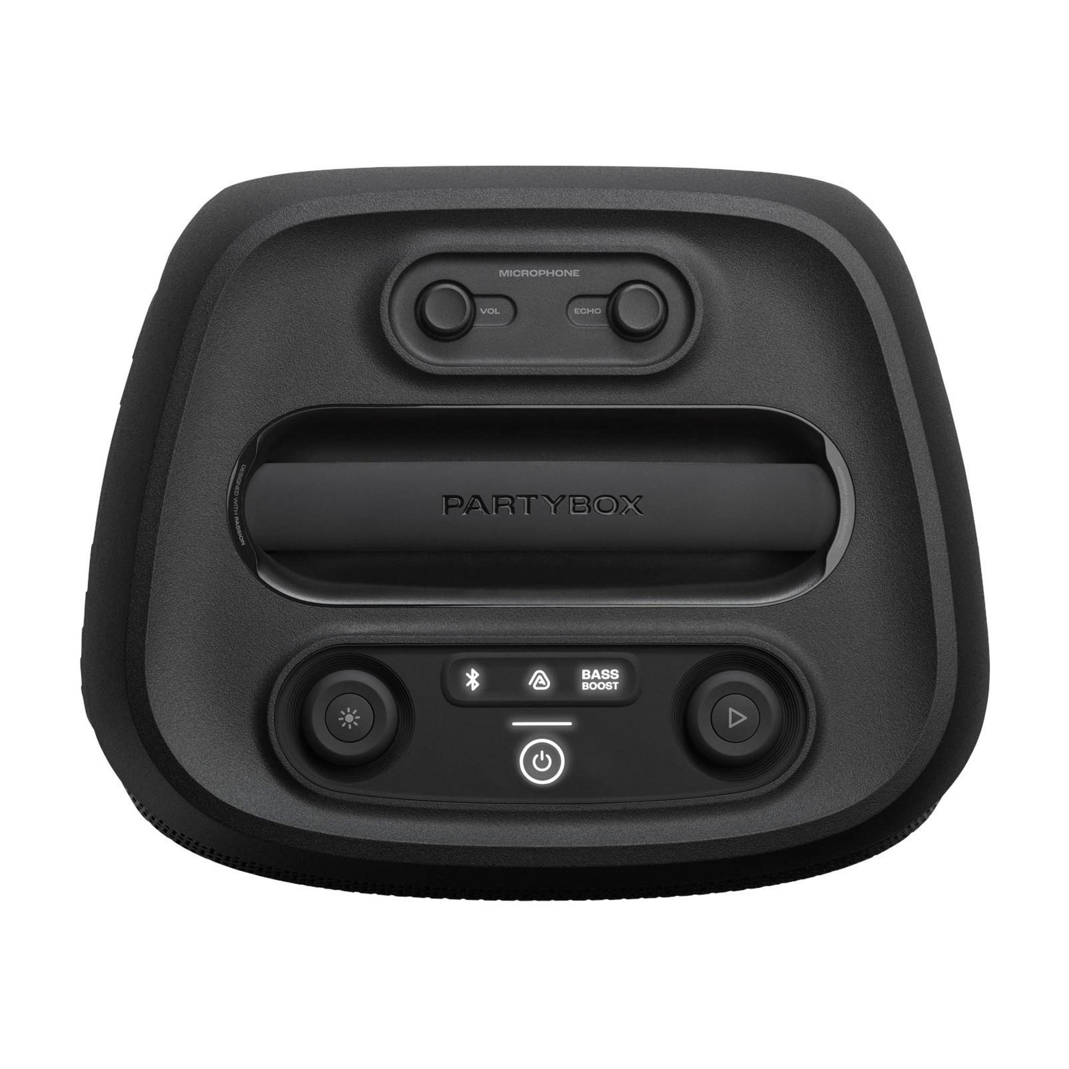 La parte superiore di un altoparlante JBL PartyBox che mostra il suo pannello di controllo e la maniglia per il trasporto.