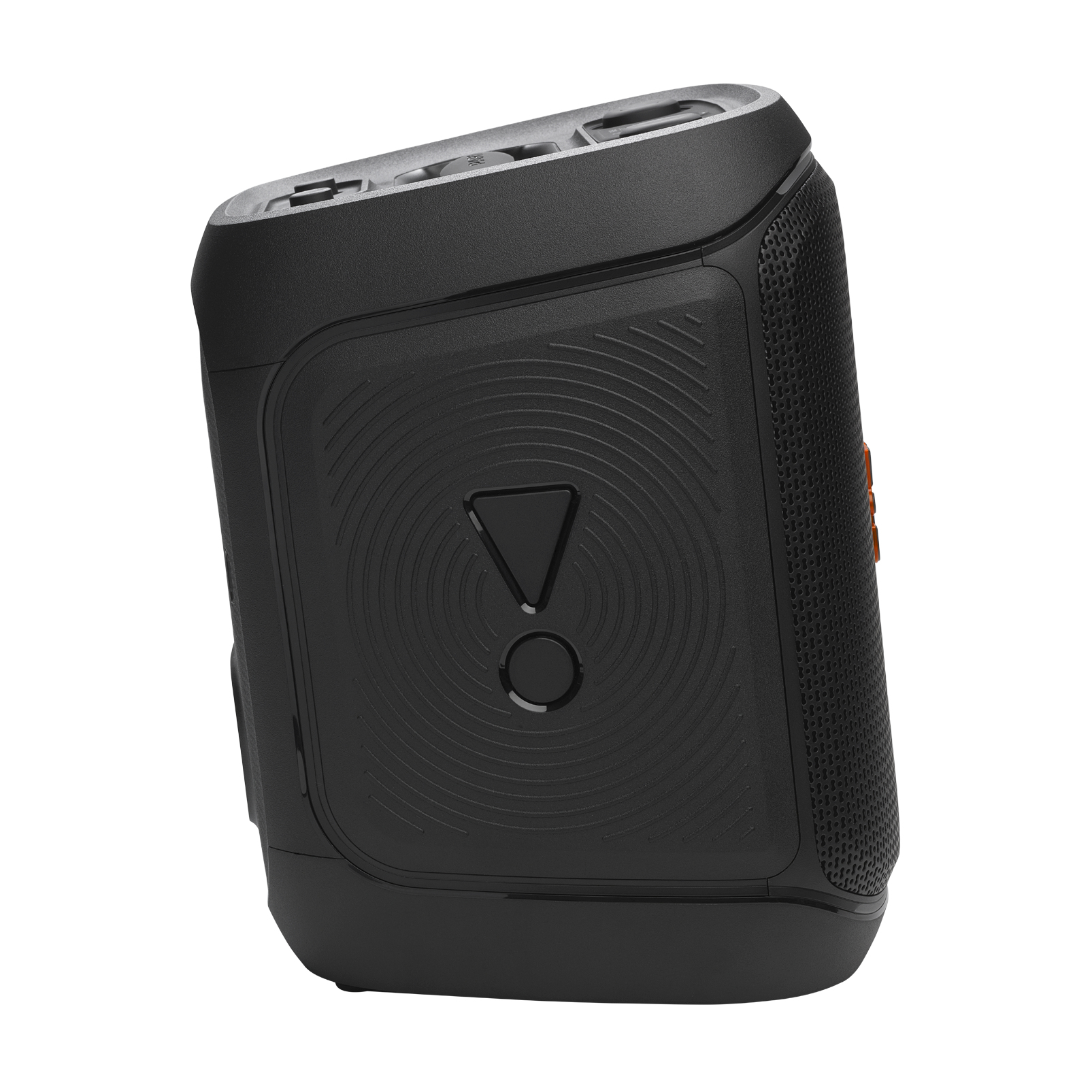 Il lato di un altoparlante JBL PartyBox nero, che mostra il suo design testurizzato e le sue porte.