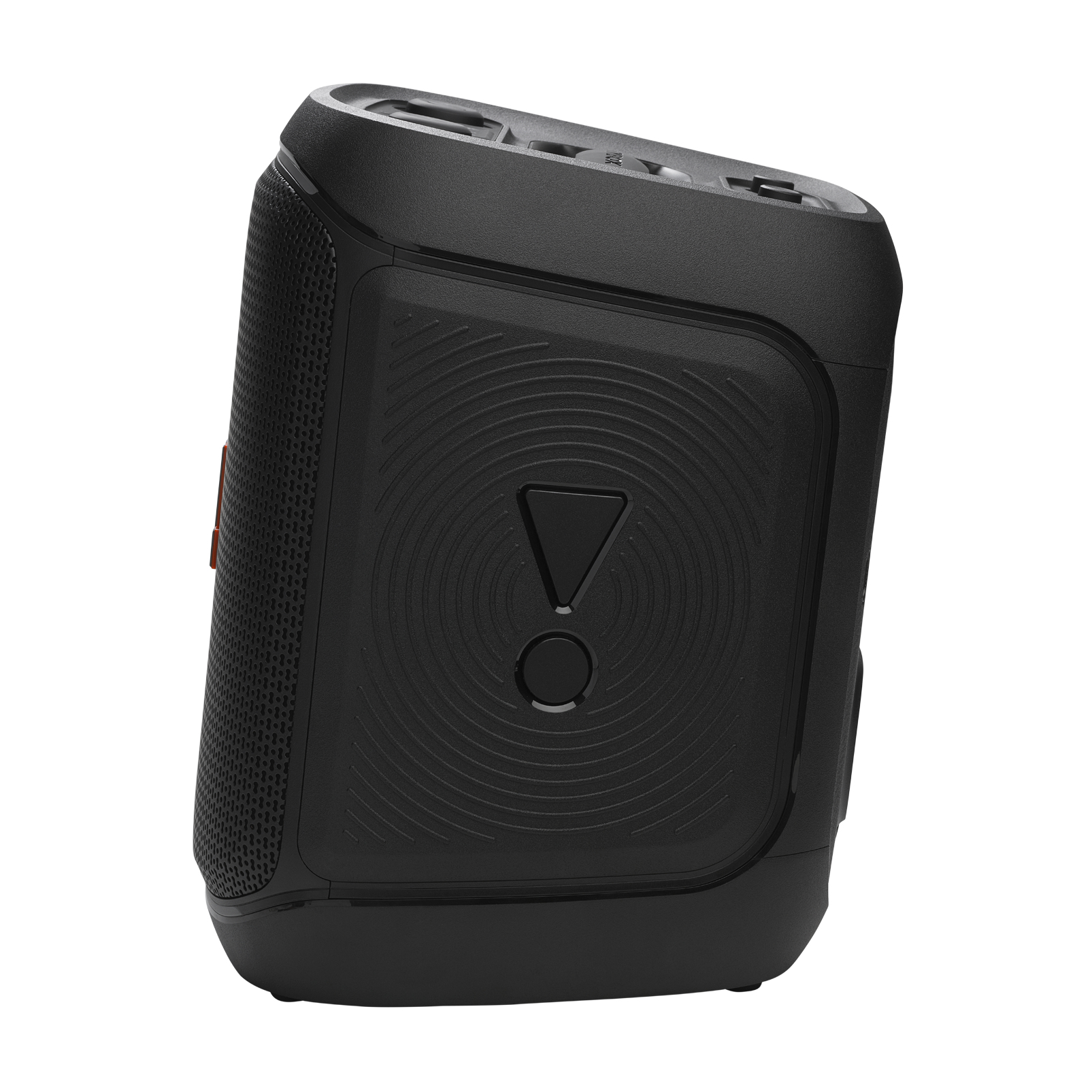 Un altoparlante JBL nero con un pannello frontale testurizzato, con un pulsante di riproduzione e un piccolo accento arancione sul lato.