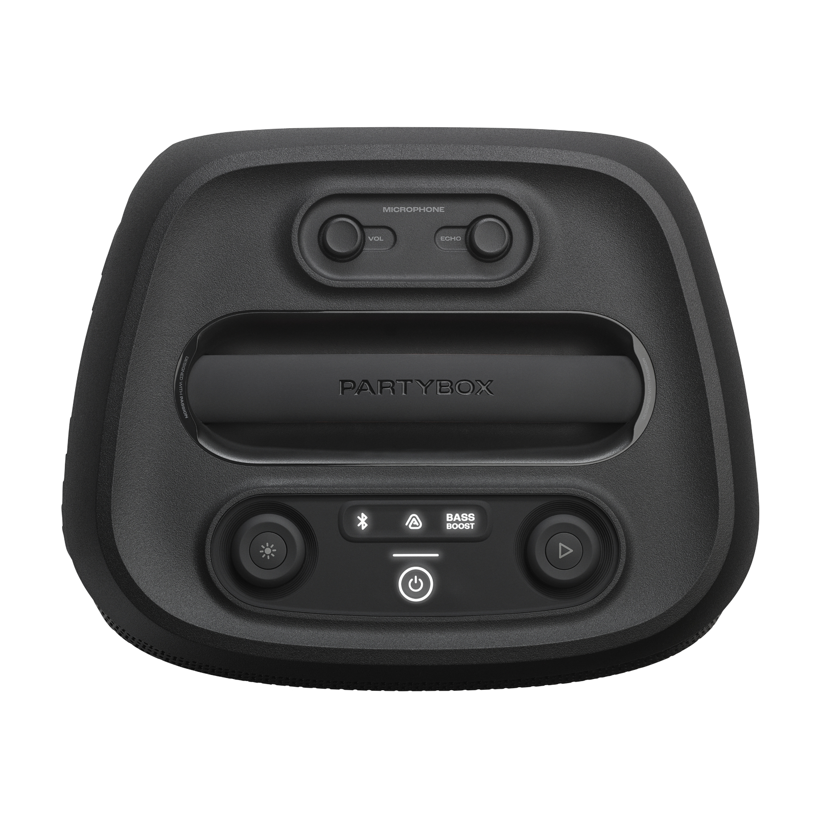Una vista dall'alto di un pannello di controllo JBL Partybox nero, con pulsanti per microfono, Bluetooth e amplificazione dei bassi.