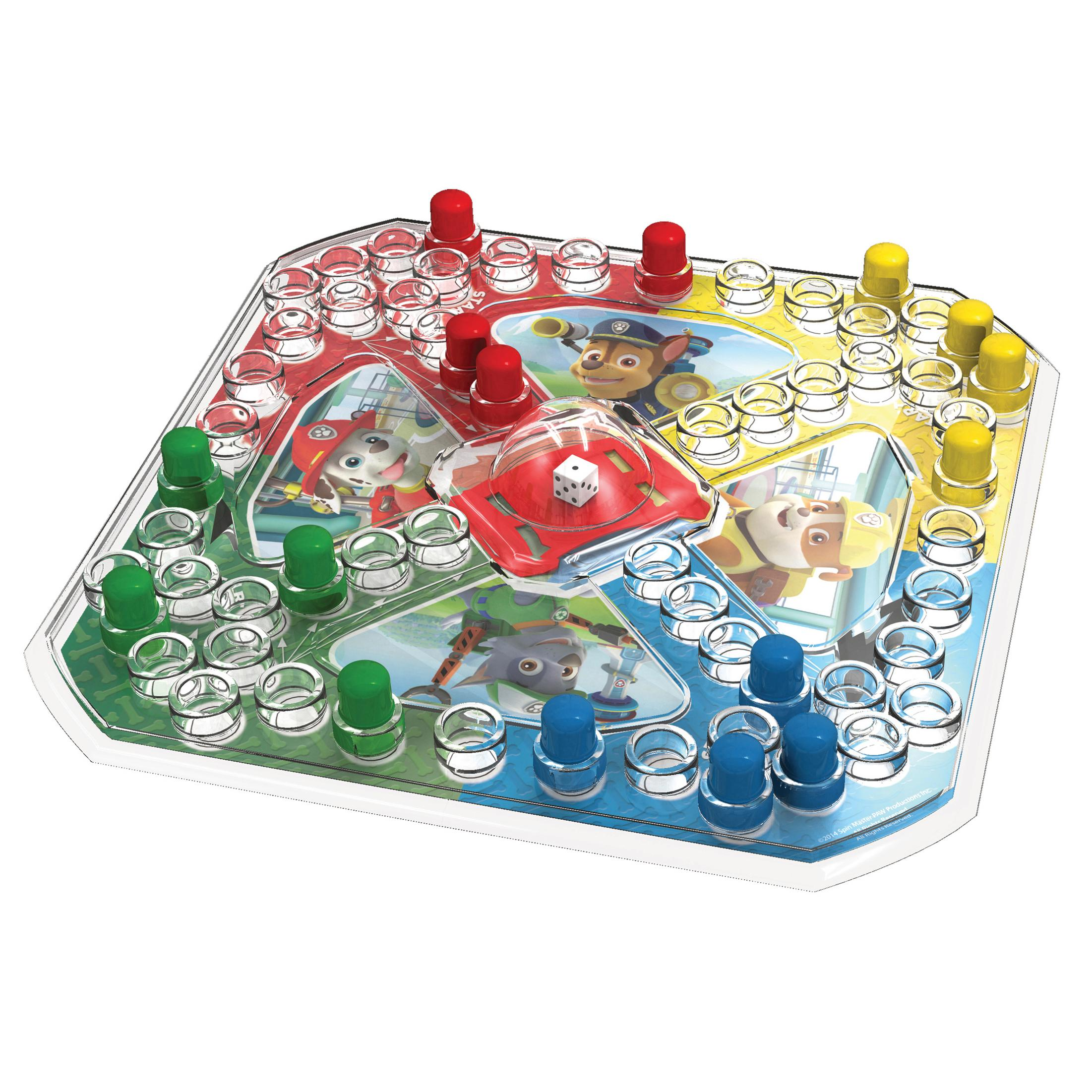 Ein Brettspiel im Paw Patrol Design mit bunten Spielfiguren auf weißem Hintergrund.