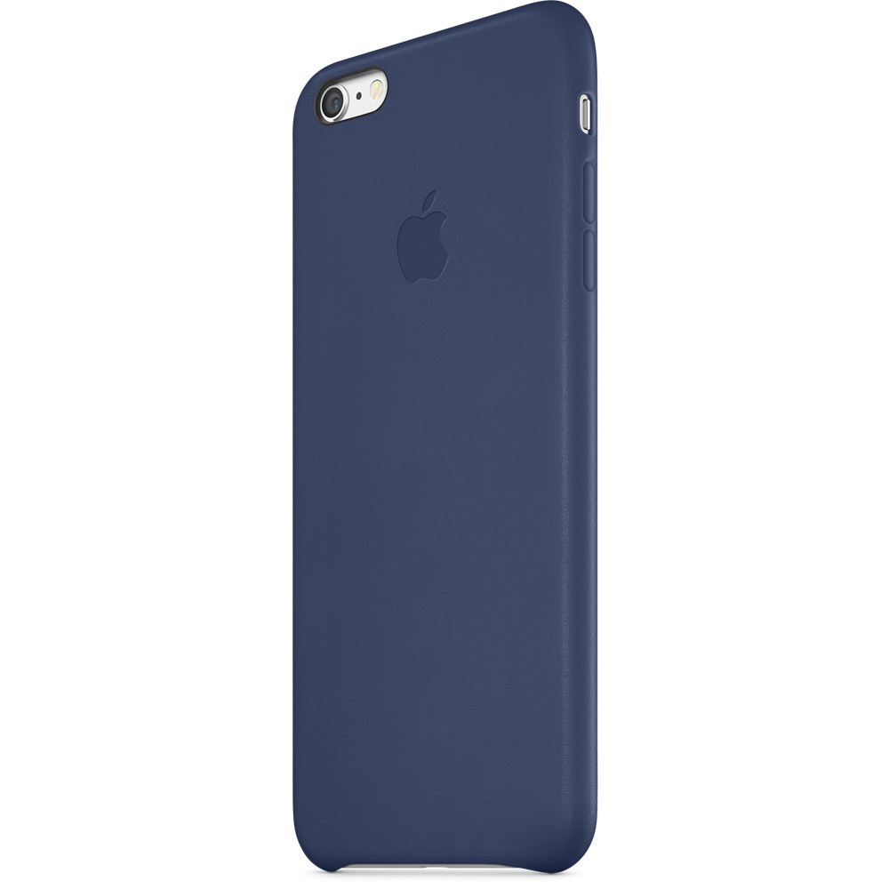 Una custodia in pelle blu scuro per iPhone 6/6s è mostrata angolata su uno sfondo bianco.