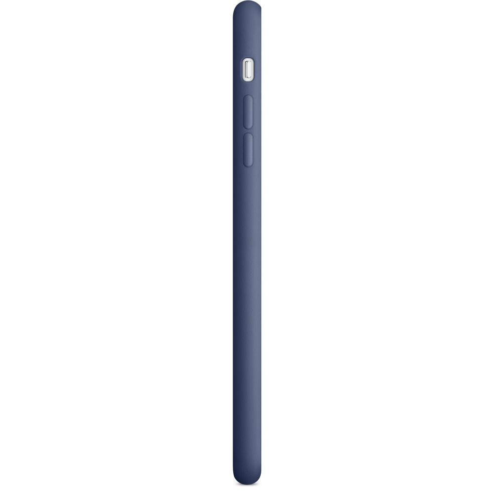 Una custodia in pelle blu scuro per iPhone 6/6s è mostrata di lato su uno sfondo bianco.