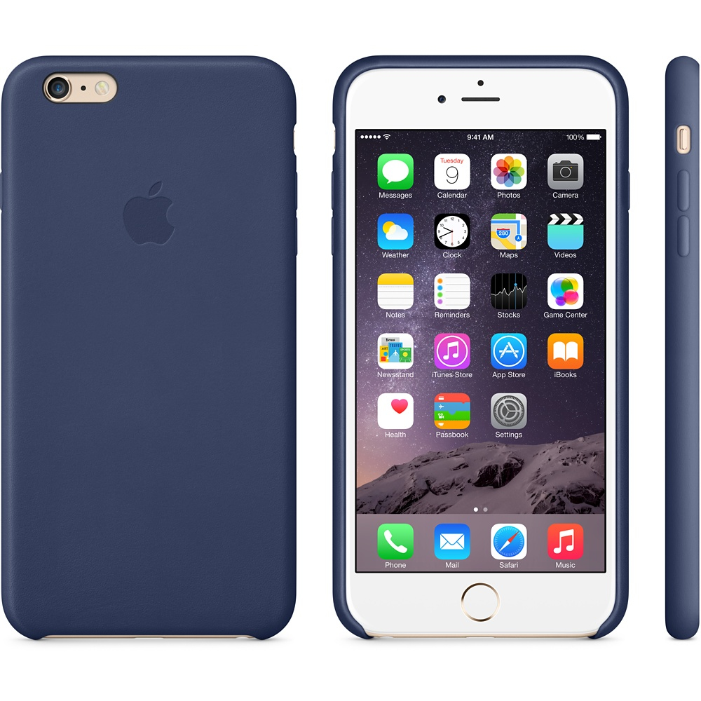 Un iPhone 6/6s in una custodia in pelle blu scuro che mostra la schermata iniziale di iOS 9 con varie icone di app.