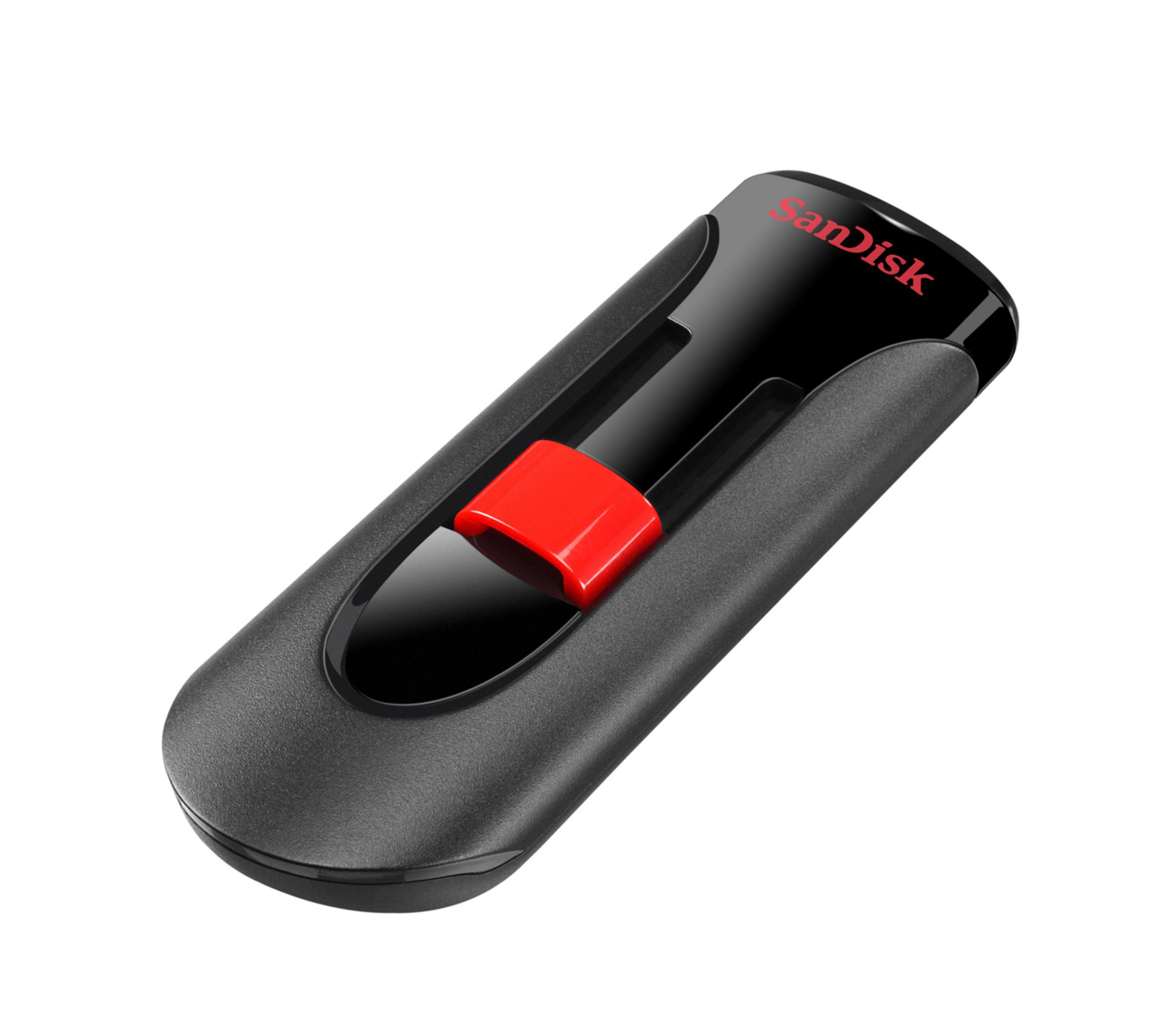 Een zwarte en rode SanDisk USB-drive is schuin geplaatst op een witte achtergrond.