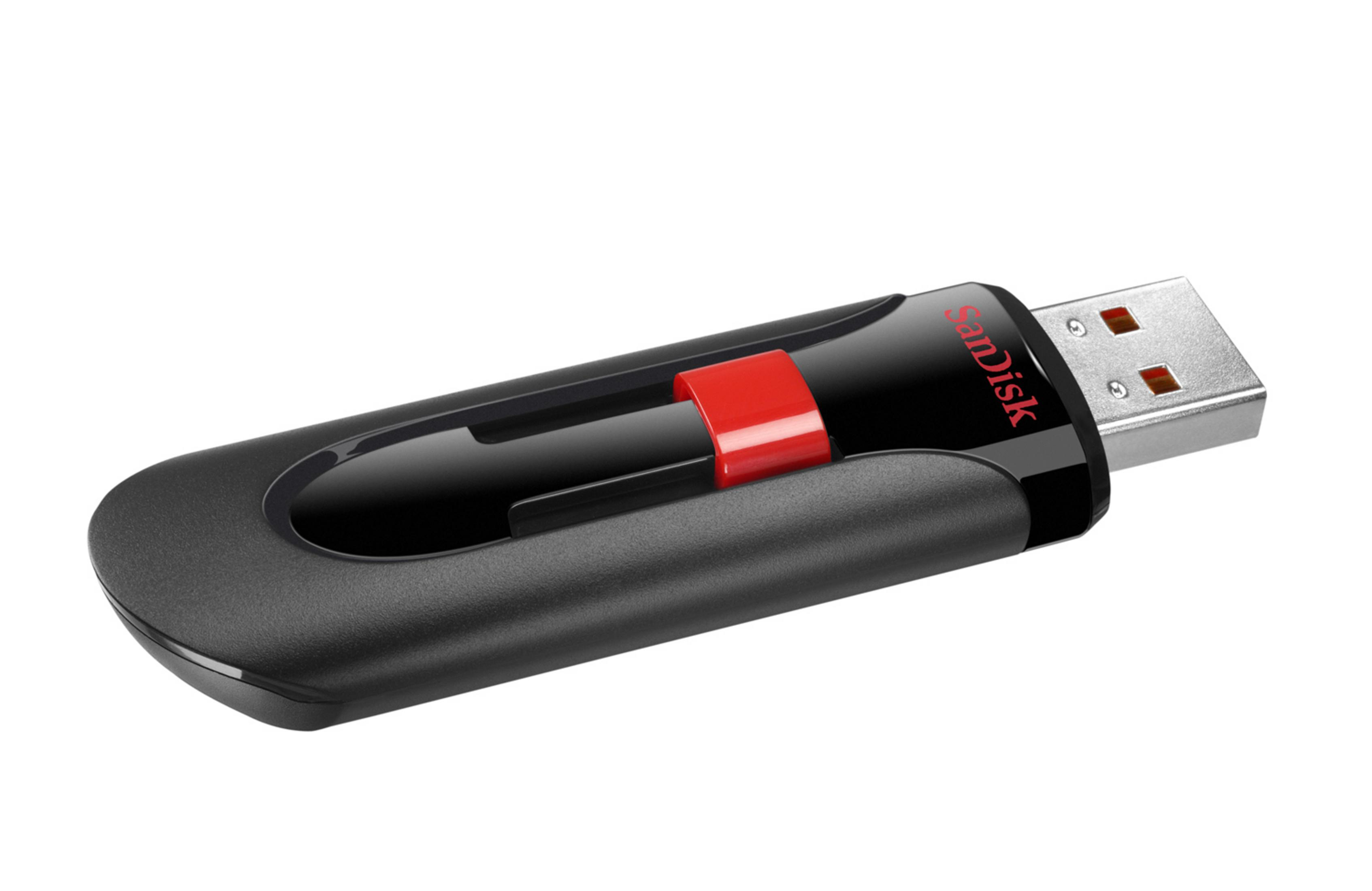 Een zwarte en rode SanDisk USB-drive is schuin geplaatst op een witte achtergrond.