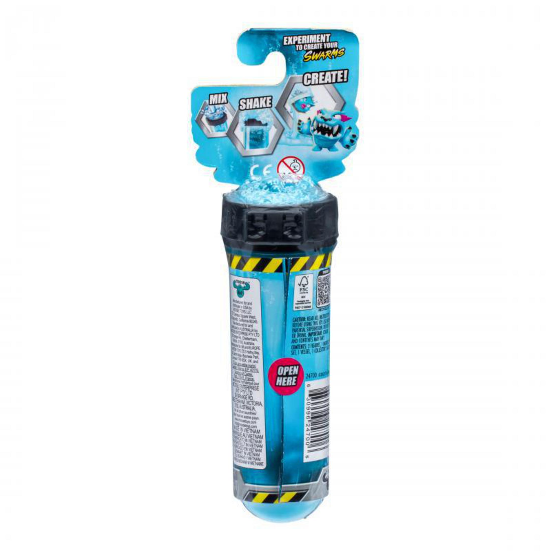 Tubo giocattolo MrBeast LABS Swarms. Liquido blu all'interno. Istruzioni per mescolare e agitare. Confezione con logo MrBeast.