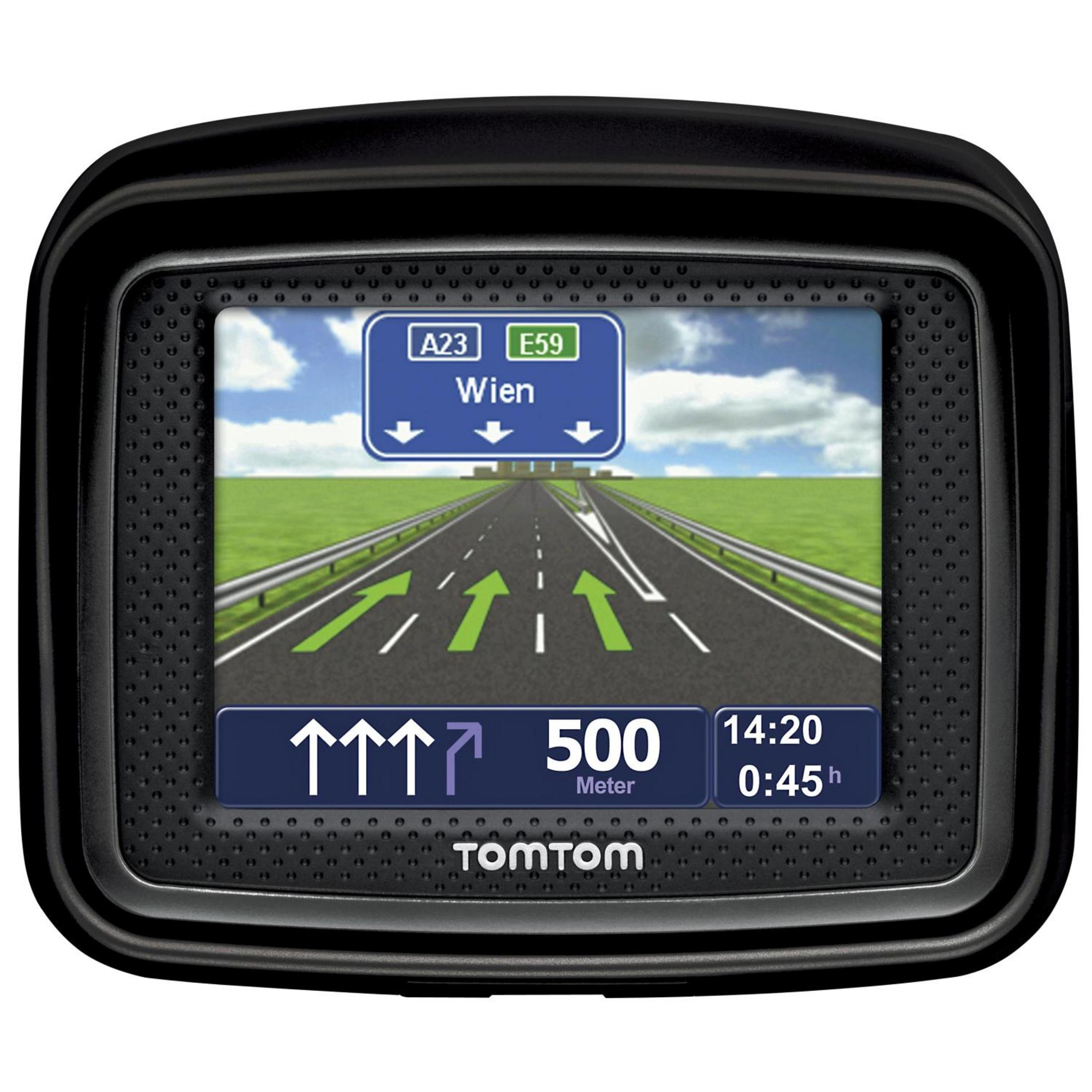 Ein GPS-Gerät zeigt eine Straße mit grünen Pfeilen, ein Straßenschild und Entfernungs- und Zeitinformationen.