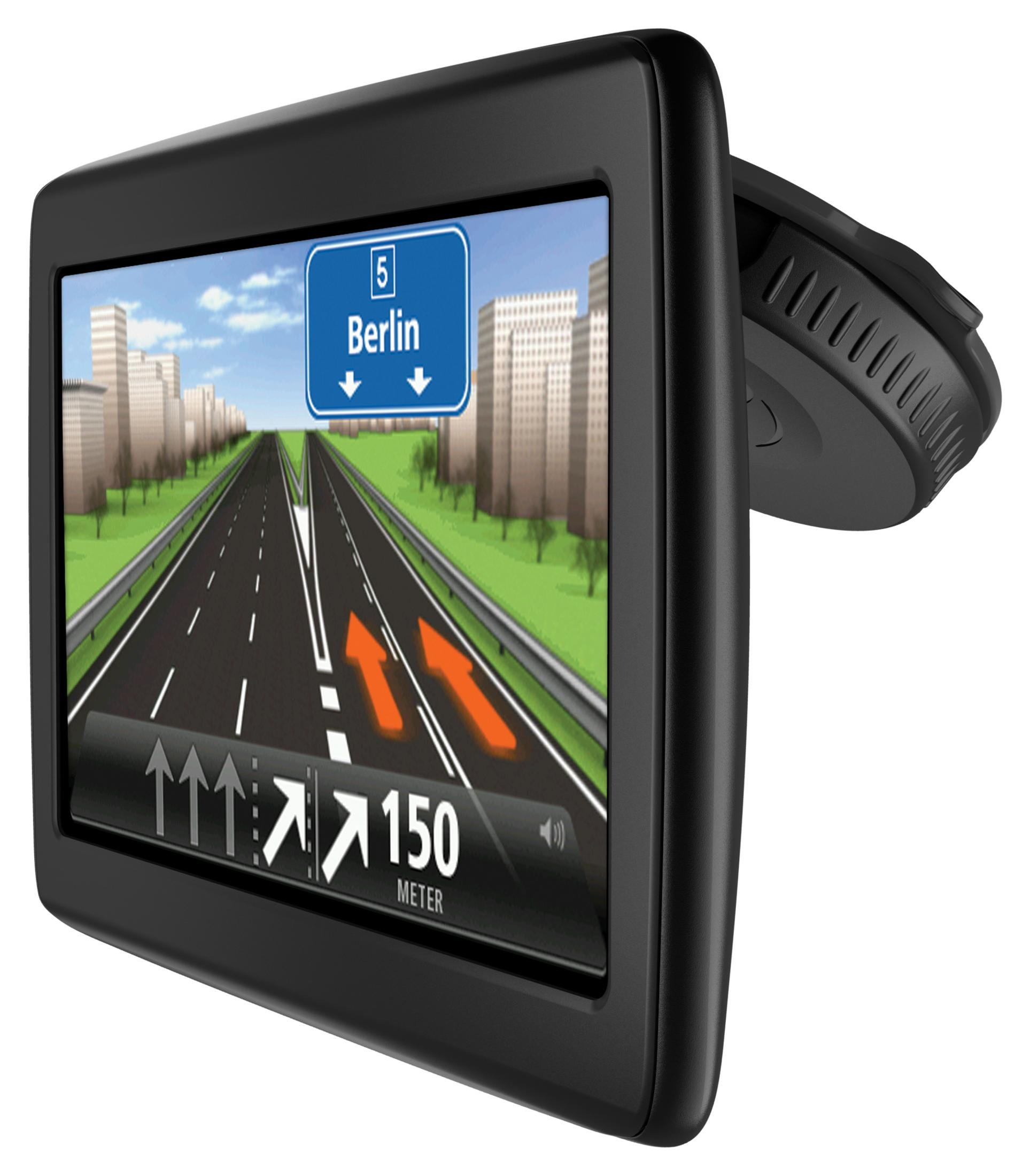 Das TomTom GPS-Gerät zeigt eine Autobahn in Richtung Berlin, mit Gebäuden und einem blauen Himmel im Hintergrund.