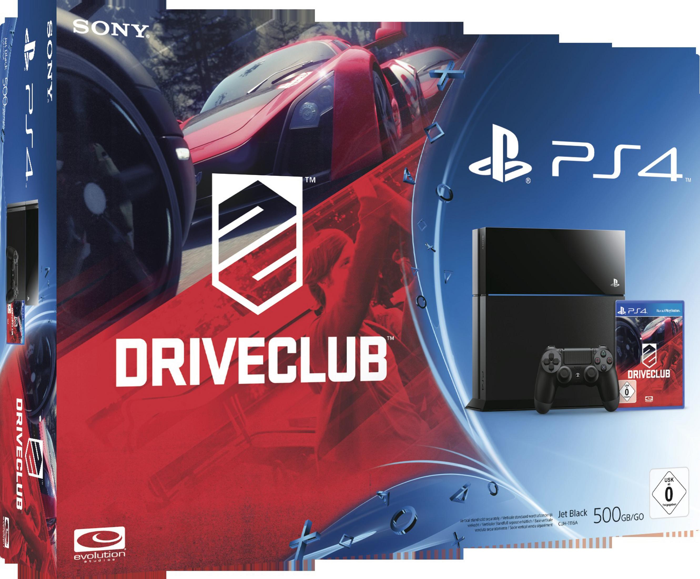 Ein PlayStation 4 Box-Set mit Konsole, Controller und Spielecover vor blauem Hintergrund.