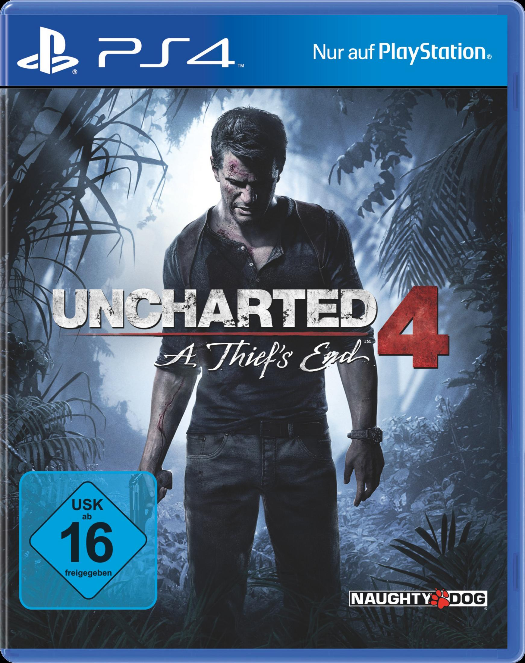 Eine PS4-Spielbox mit einem Mann auf dem Cover. Der Spieletitel ist Uncharted 4.
