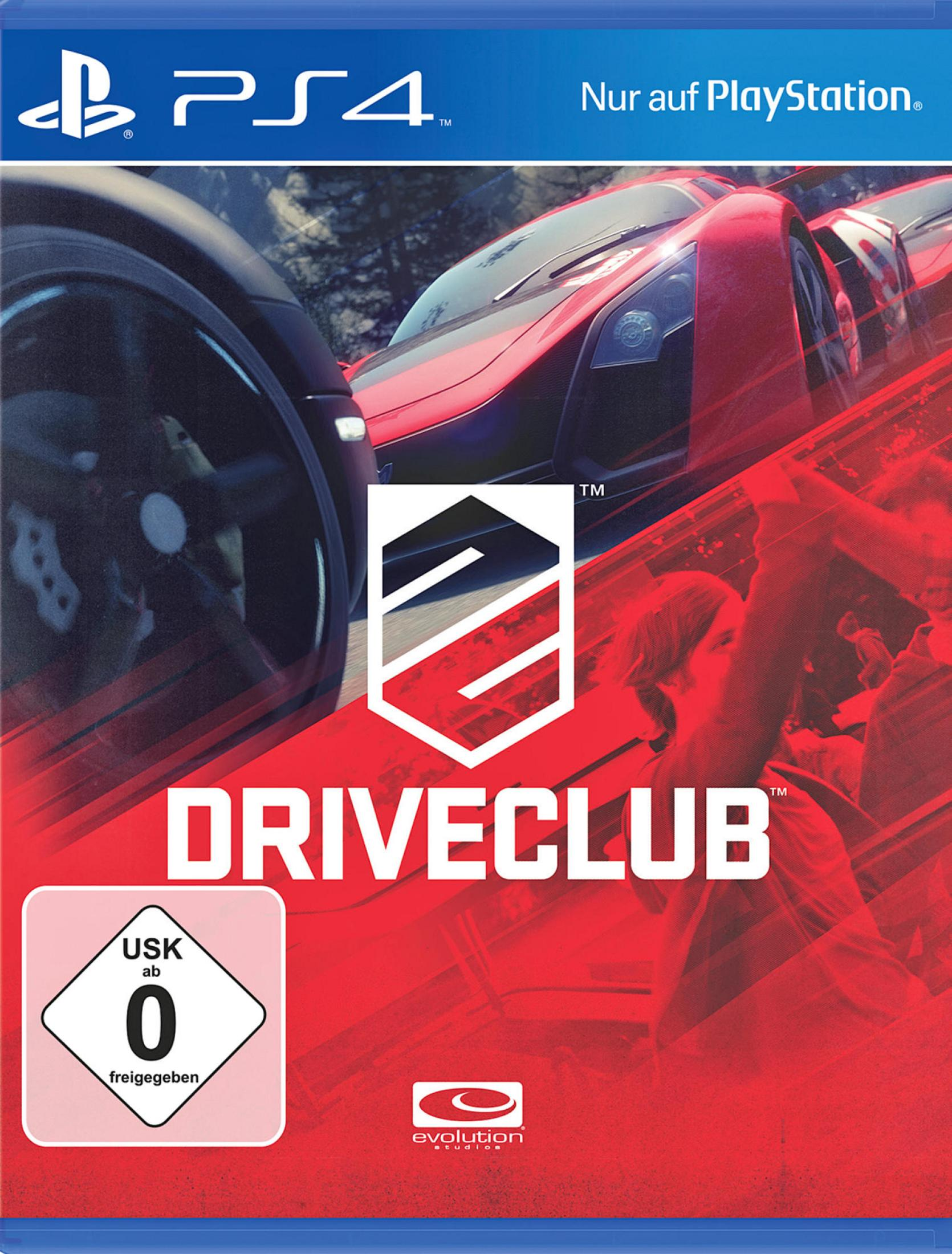 Eine PS4-Spielbox mit einem roten Auto, das Rennen fährt. Der Spieletitel ist DRIVECLUB.