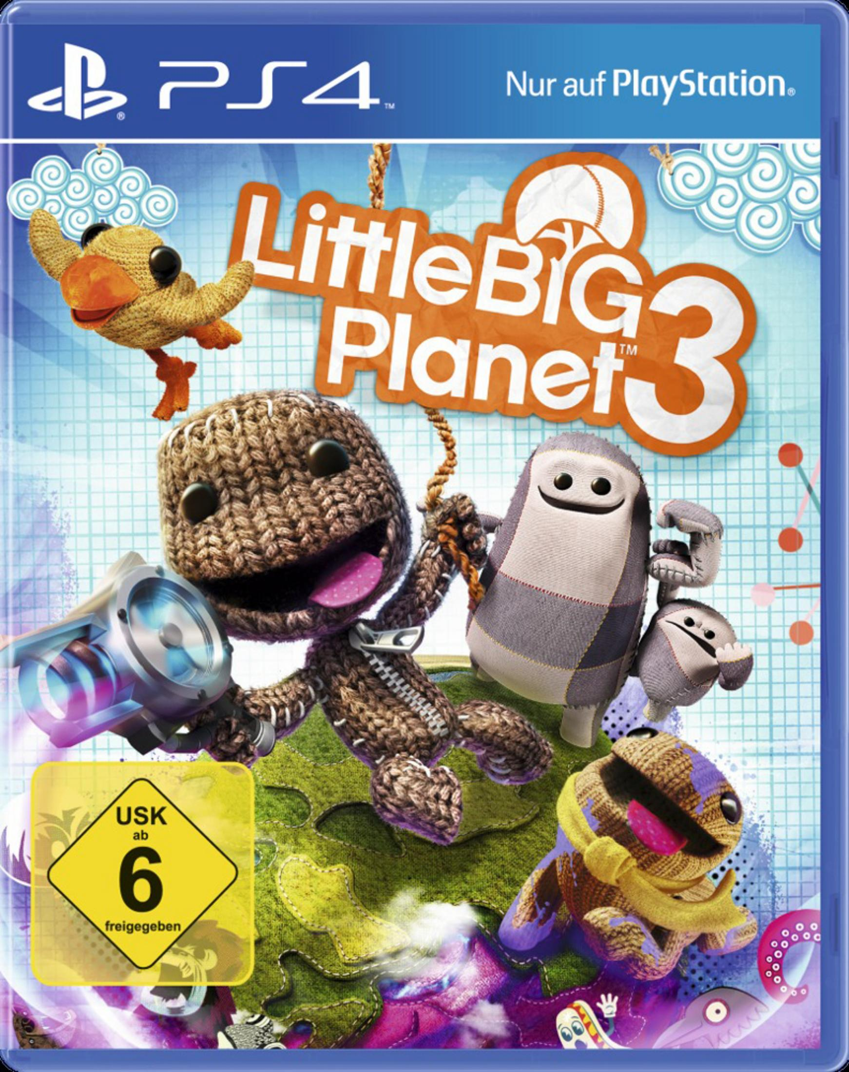 LittleBigPlanet 3 PS4-Spielhülle mit Charakteren und einem farbenfrohen Hintergrund.