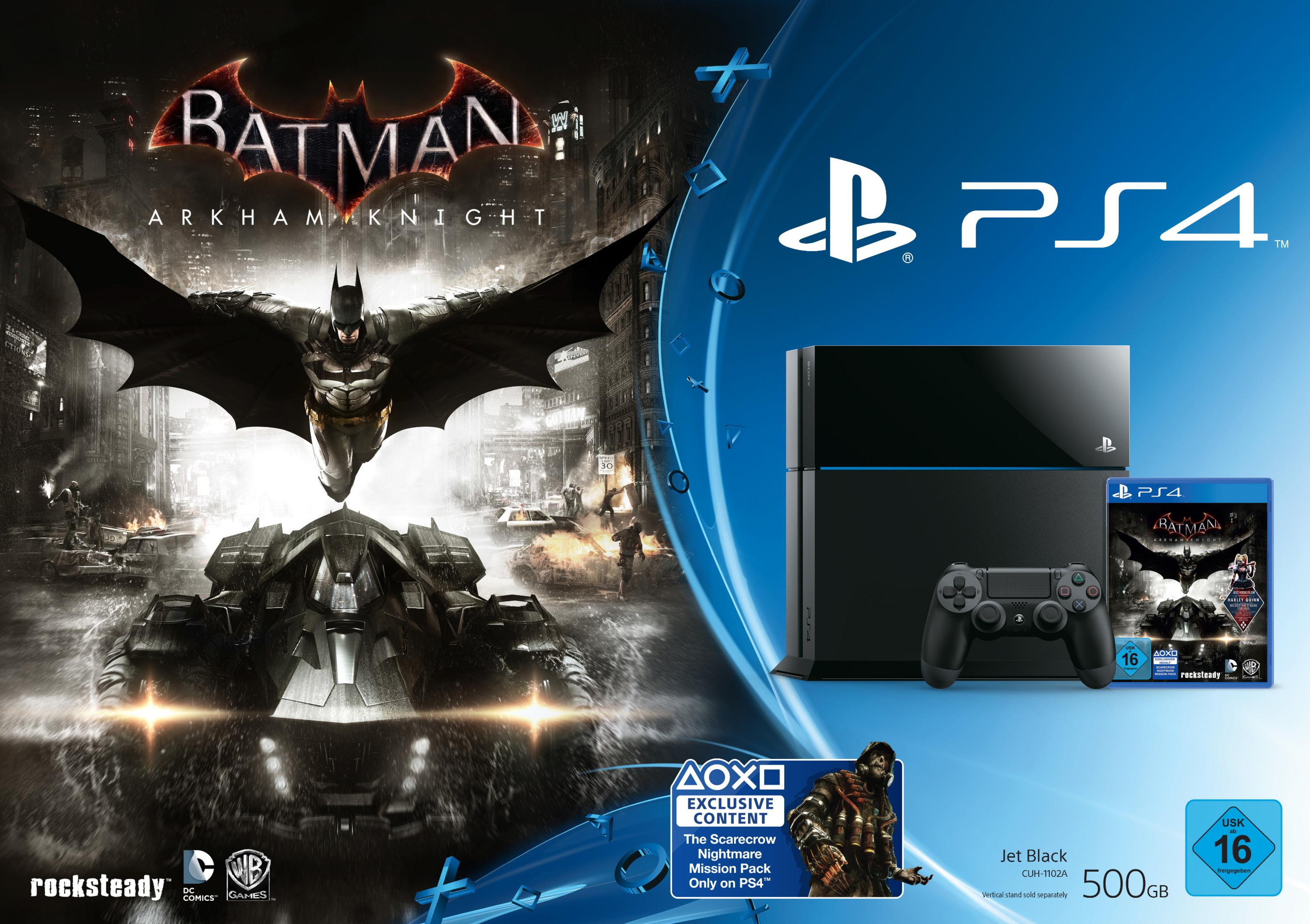 Verpackte PlayStation 4-Konsole mit Batman: Arkham Knight-Spiel und Zubehör.